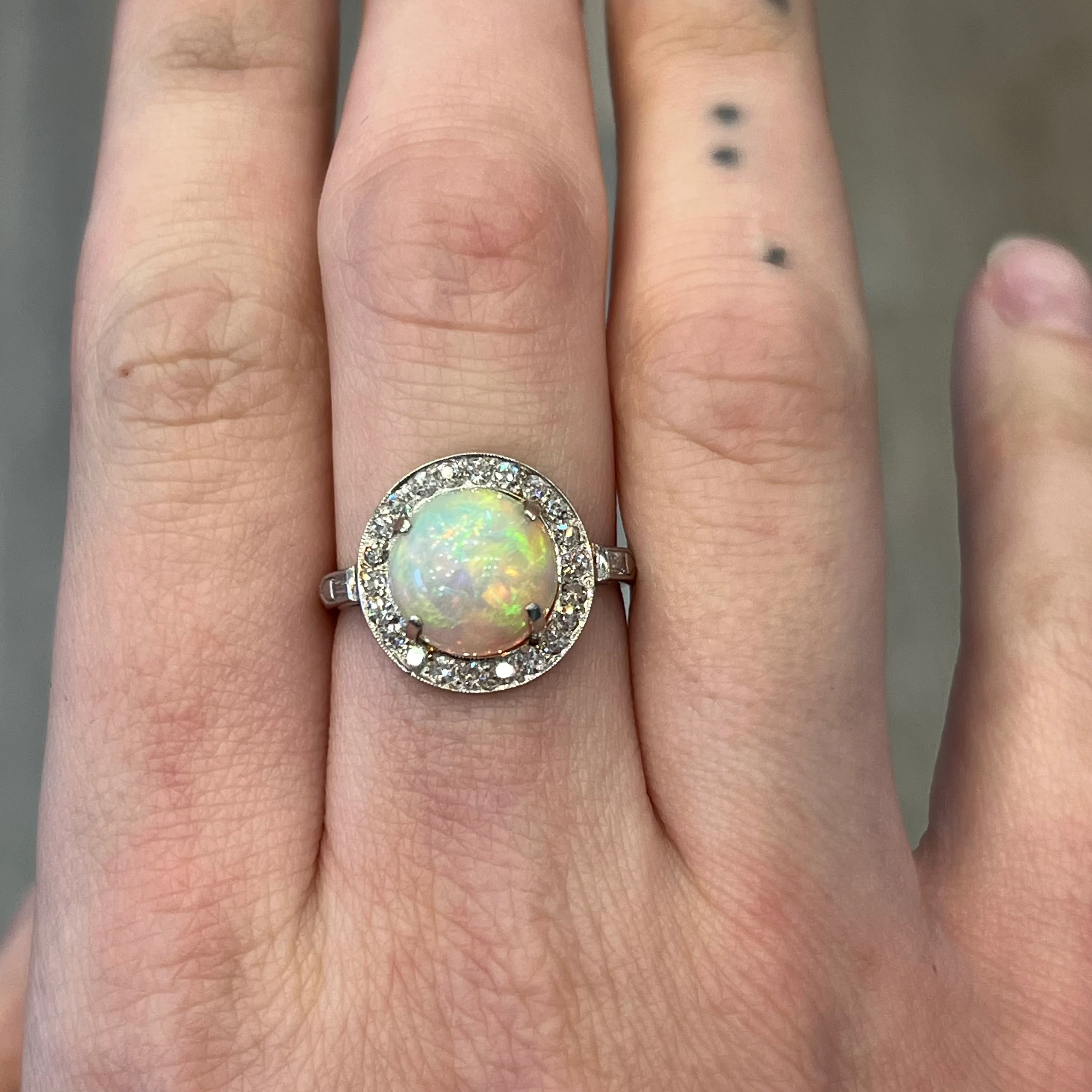 Round Cabochon Opal & Diamond Cocktail Ring in Platinum - Image 6