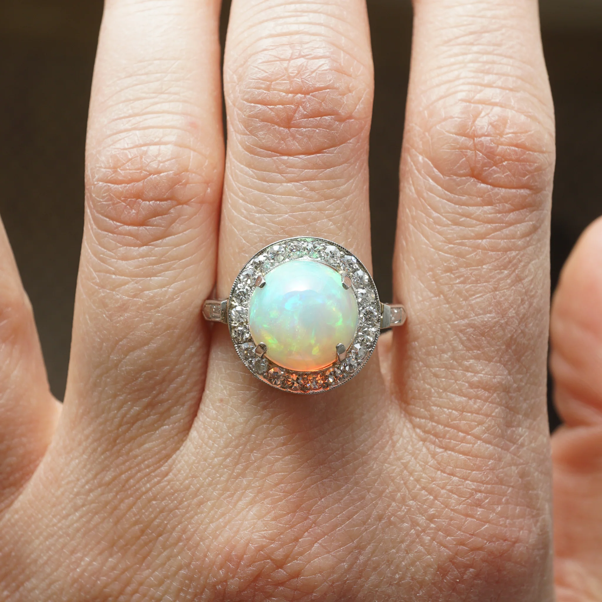 Round Cabochon Opal & Diamond Cocktail Ring in Platinum - Image 7