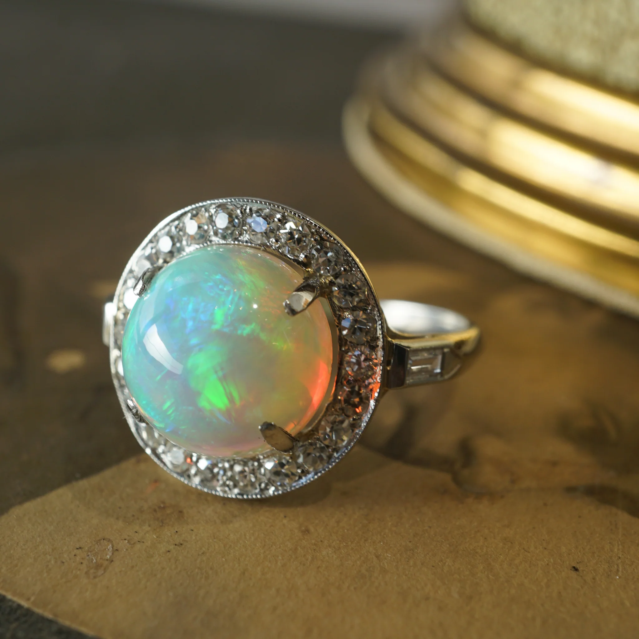 Round Cabochon Opal & Diamond Cocktail Ring in Platinum - Image 8