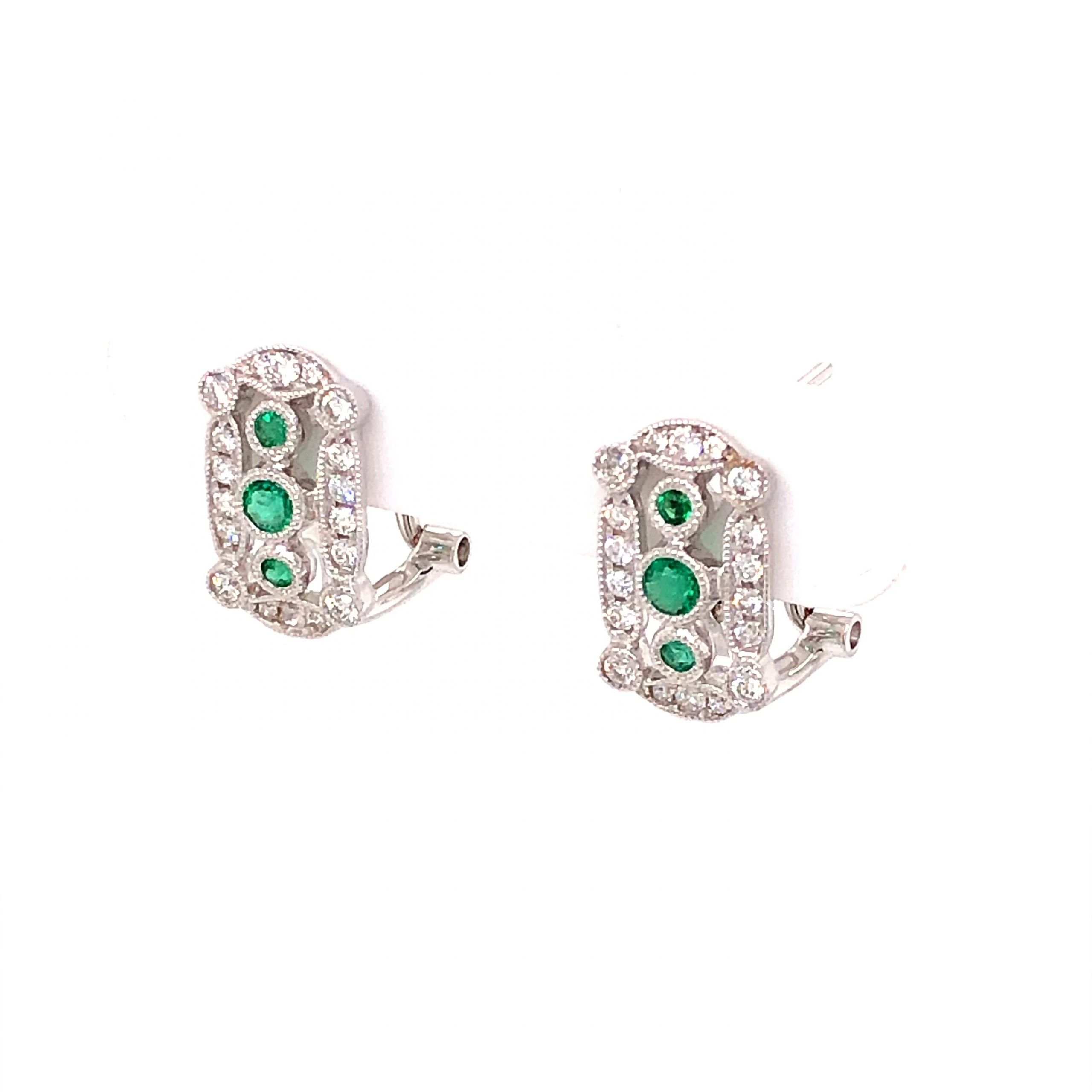 Round Cut Emerald and Diamond Stud Earrings in 18k White Gold - Image 2