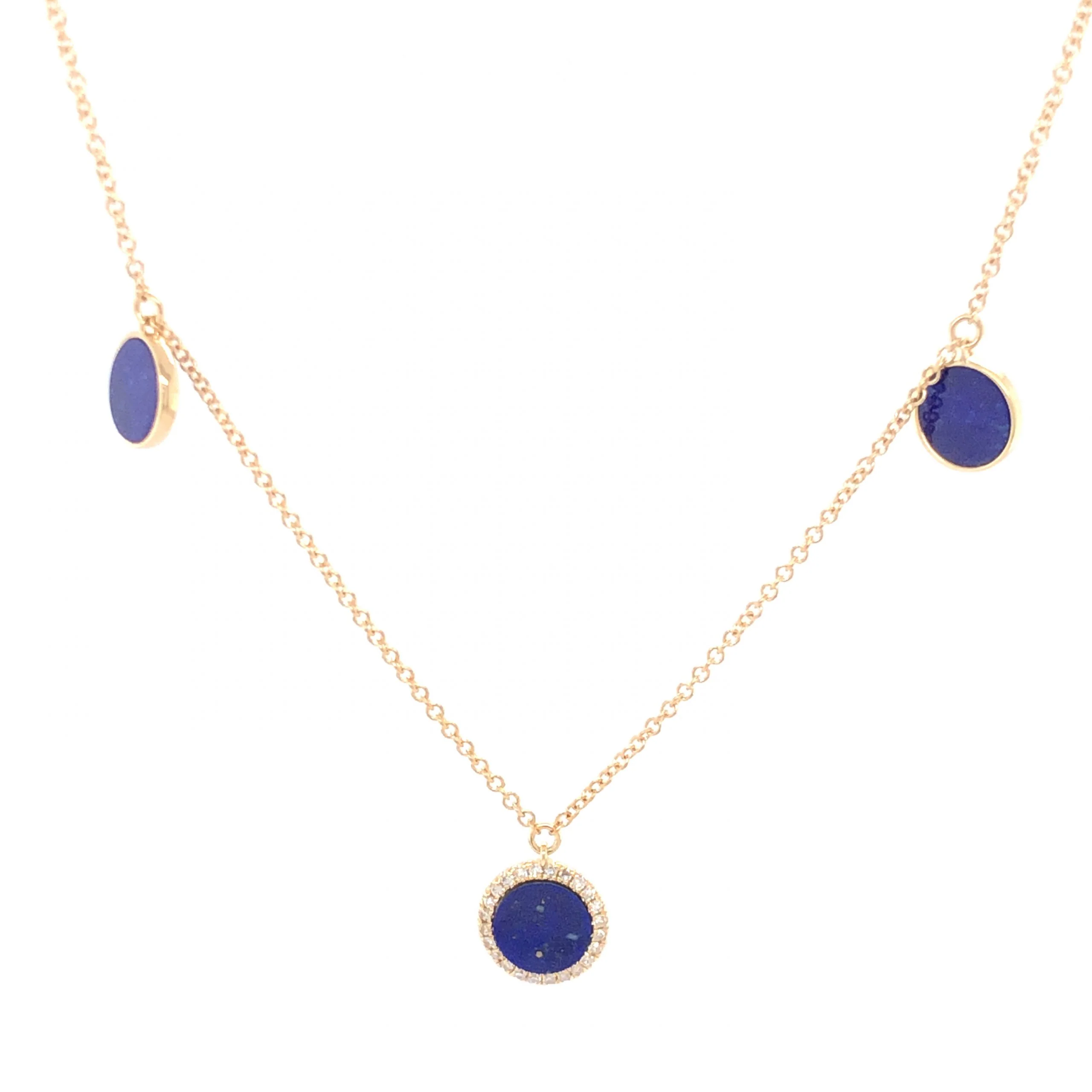 Round Cut Lapis Lazuli & Diamond Necklace in 14k Yellow Gold - Image 2
