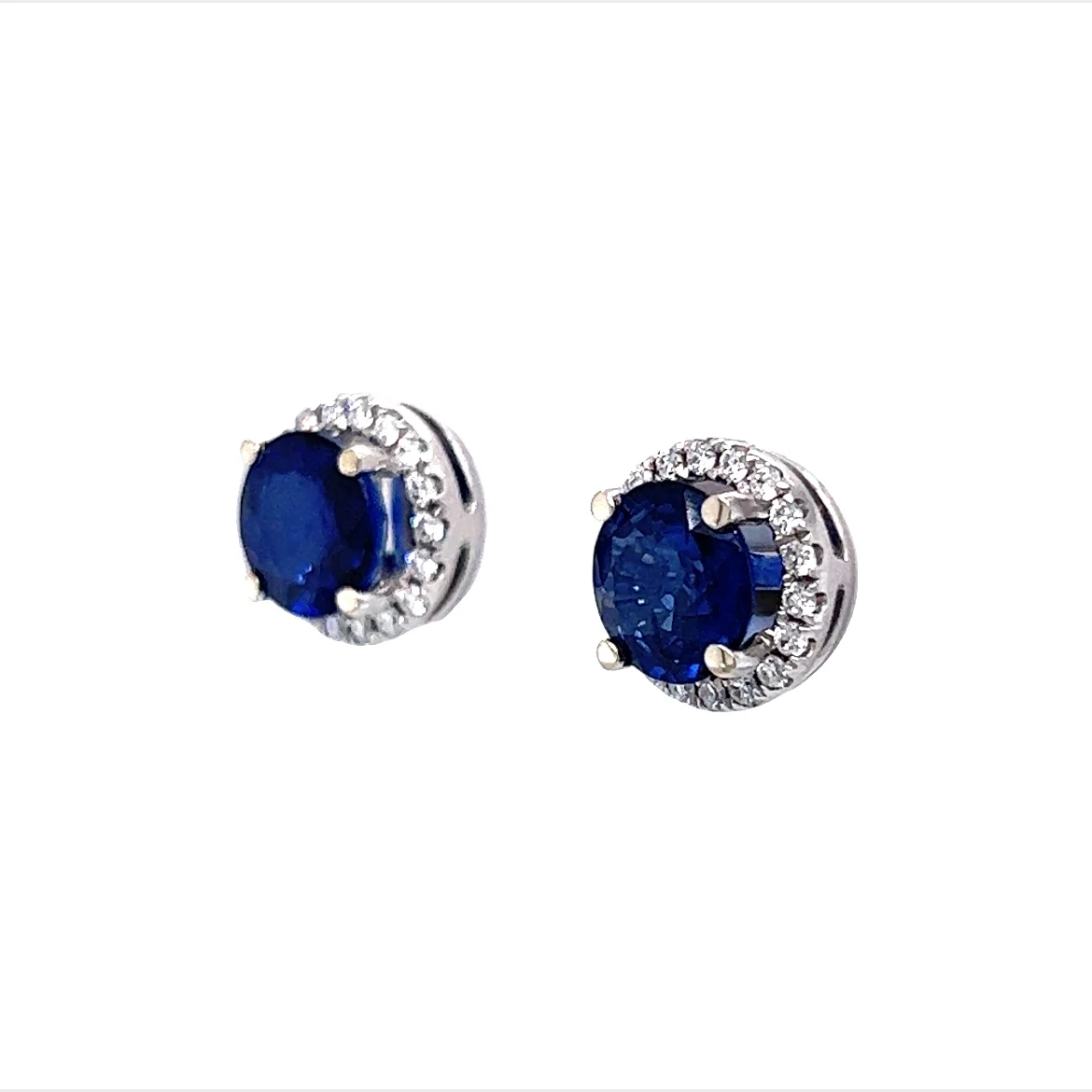Round Cut Sapphire Stud Earrings with Diamond Halo in 14K White Gold - Image 2