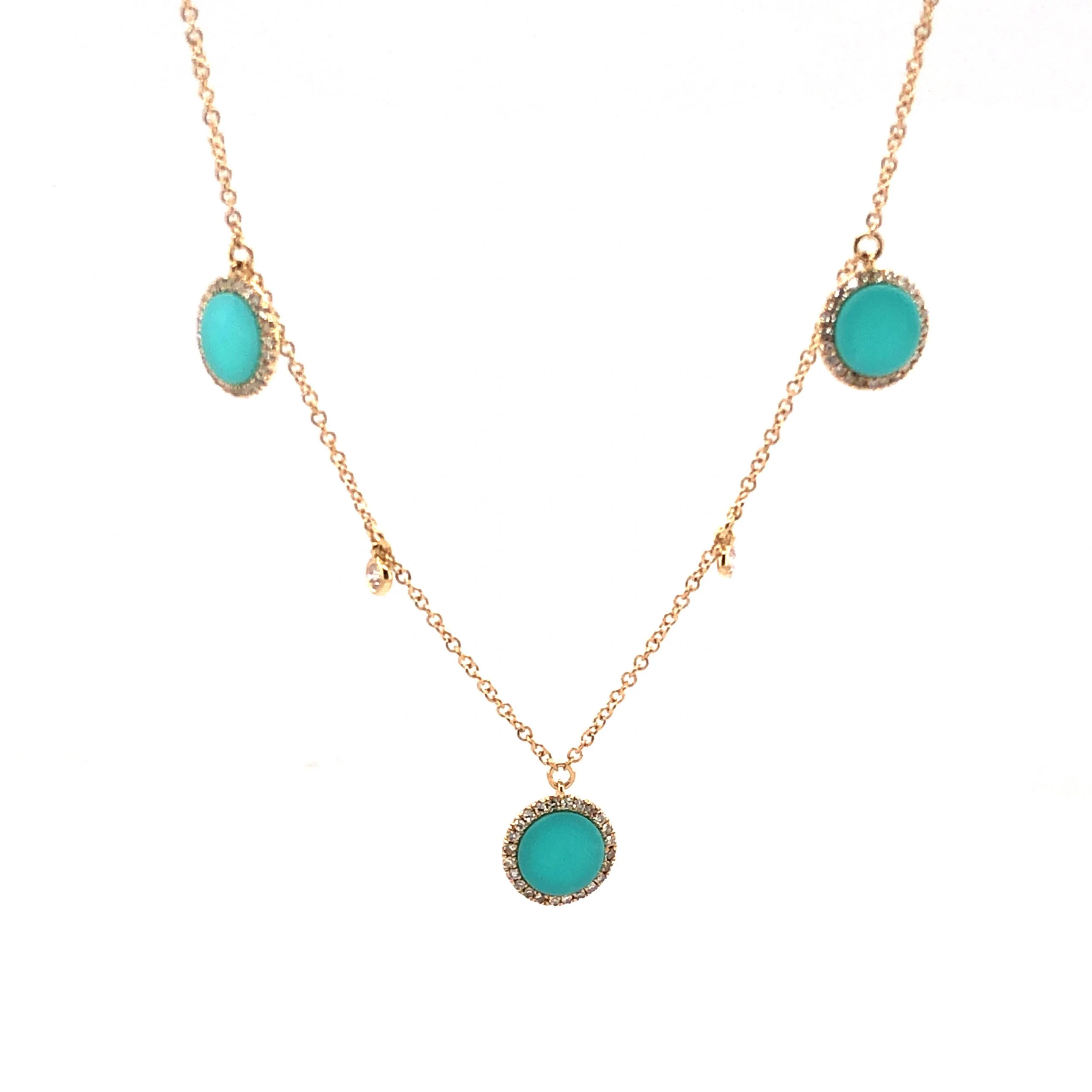 Round Cut Turquoise & Diamond Necklace in 14k Yellow Gold - Image 2