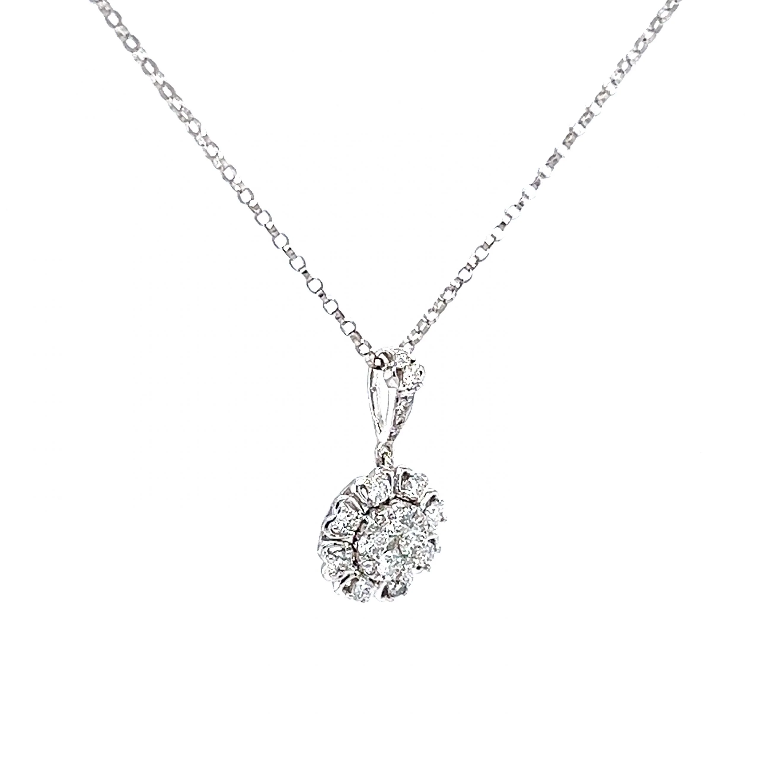 Round Diamond Halo Cluster Pendant Necklace in 14k White Gold - Image 3