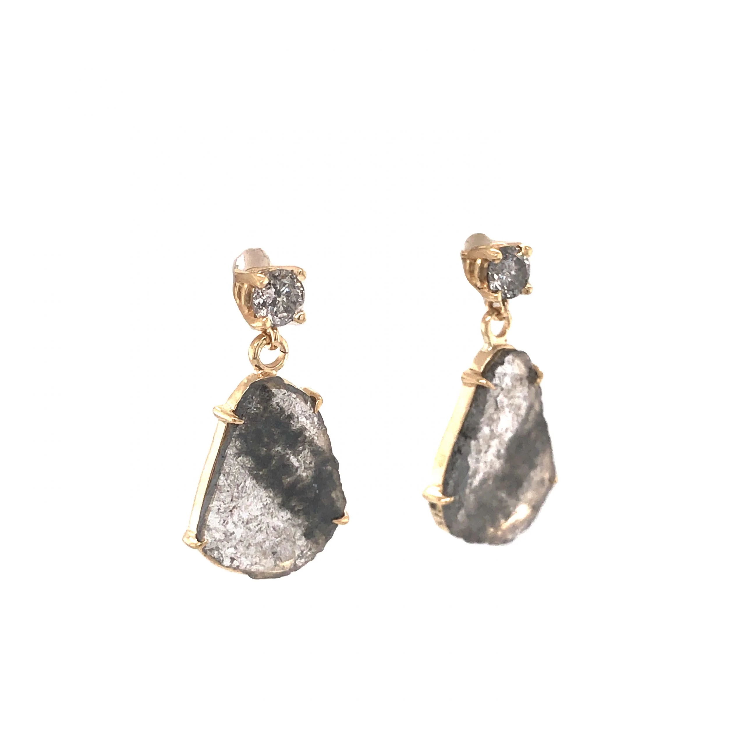 Rustic Diamond Drop Earrings in 14k Yellow Gold - Image 3