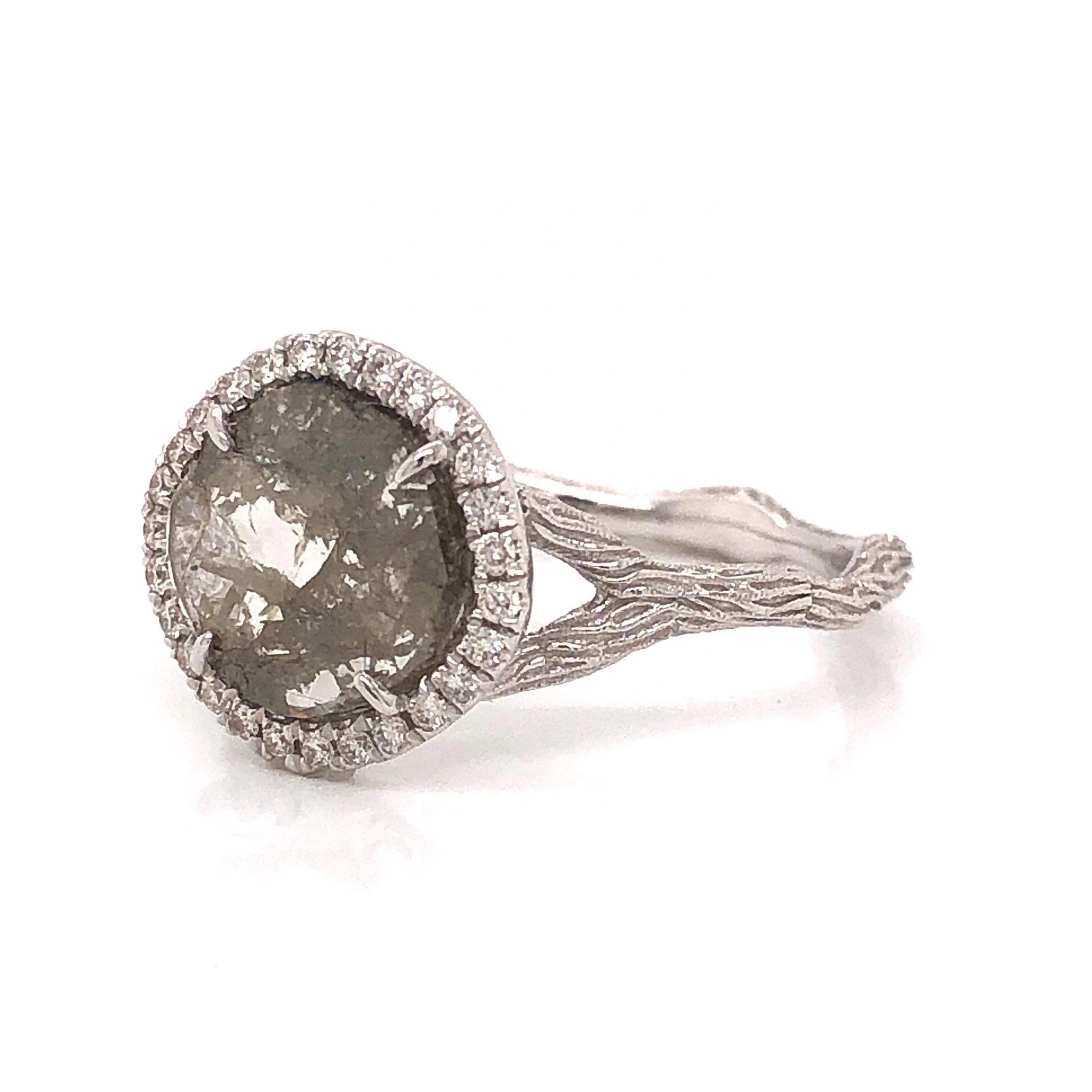 Rustic Round Diamond Halo Ring in 18k White Gold - Image 2