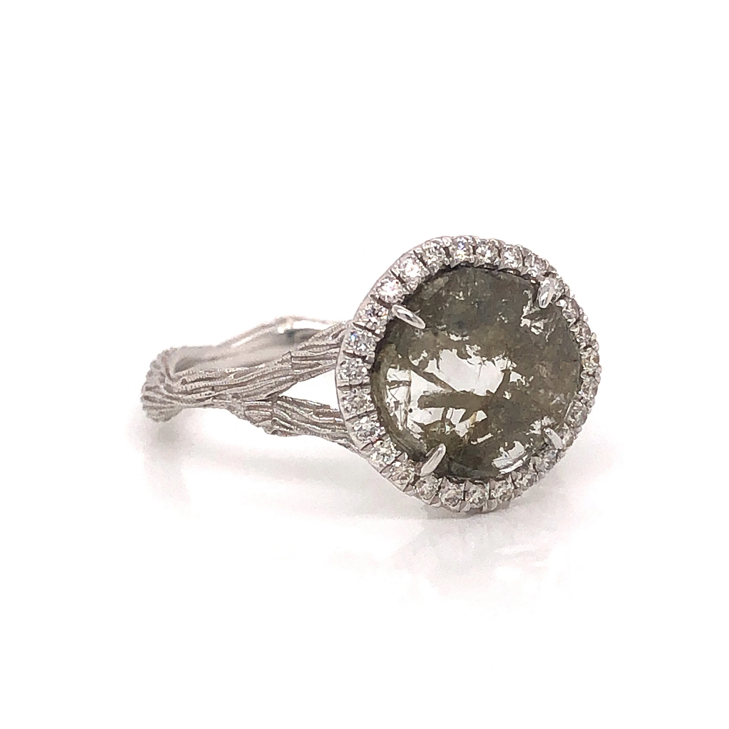 Rustic Round Diamond Halo Ring in 18k White Gold - Image 3