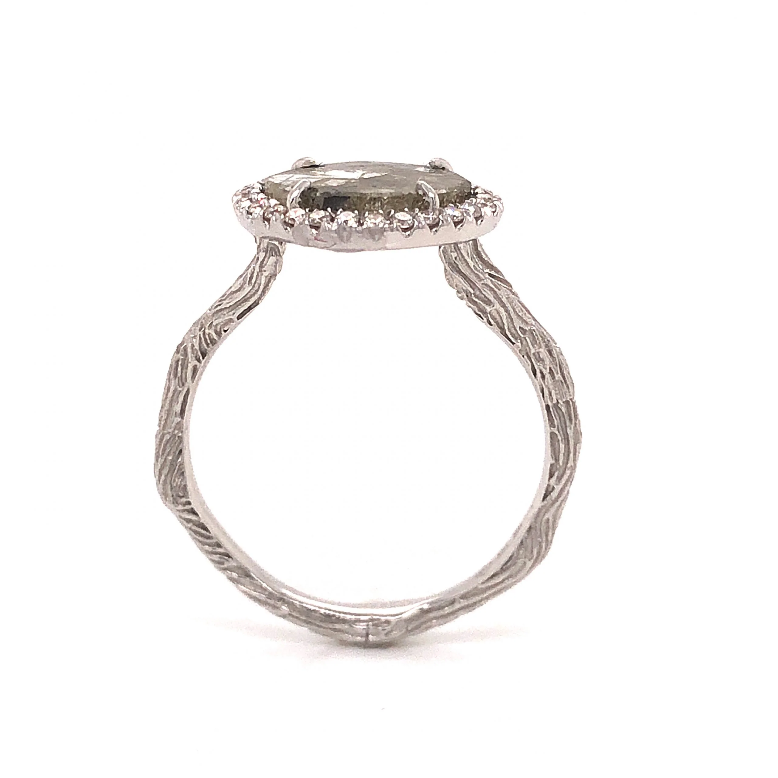 Rustic Round Diamond Halo Ring in 18k White Gold - Image 4