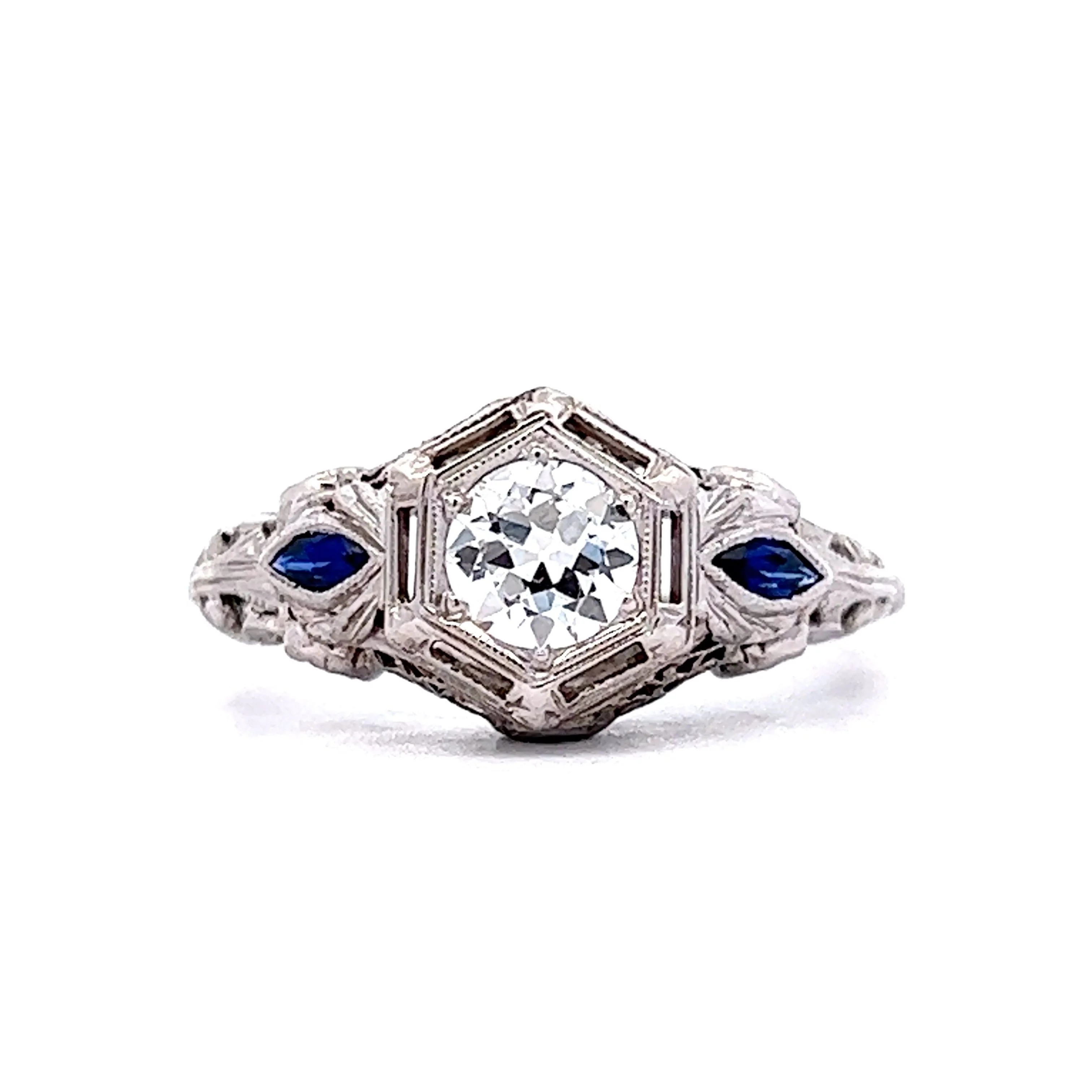 Sapphire Accent Diamond Engagement Ring in 18k White Gold