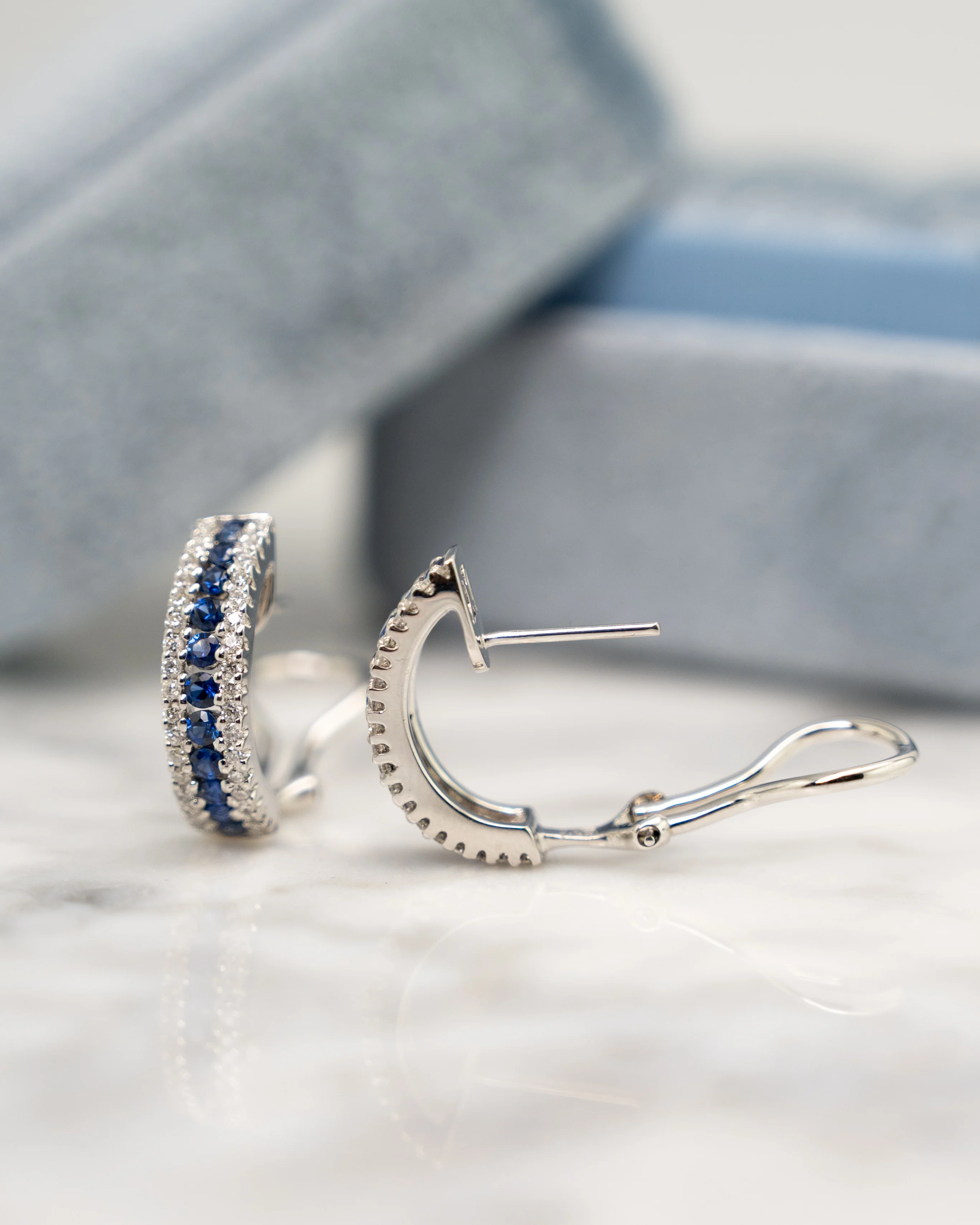 Sapphire & Diamond J Hoop Earrings in 18k White Gold - Image 4