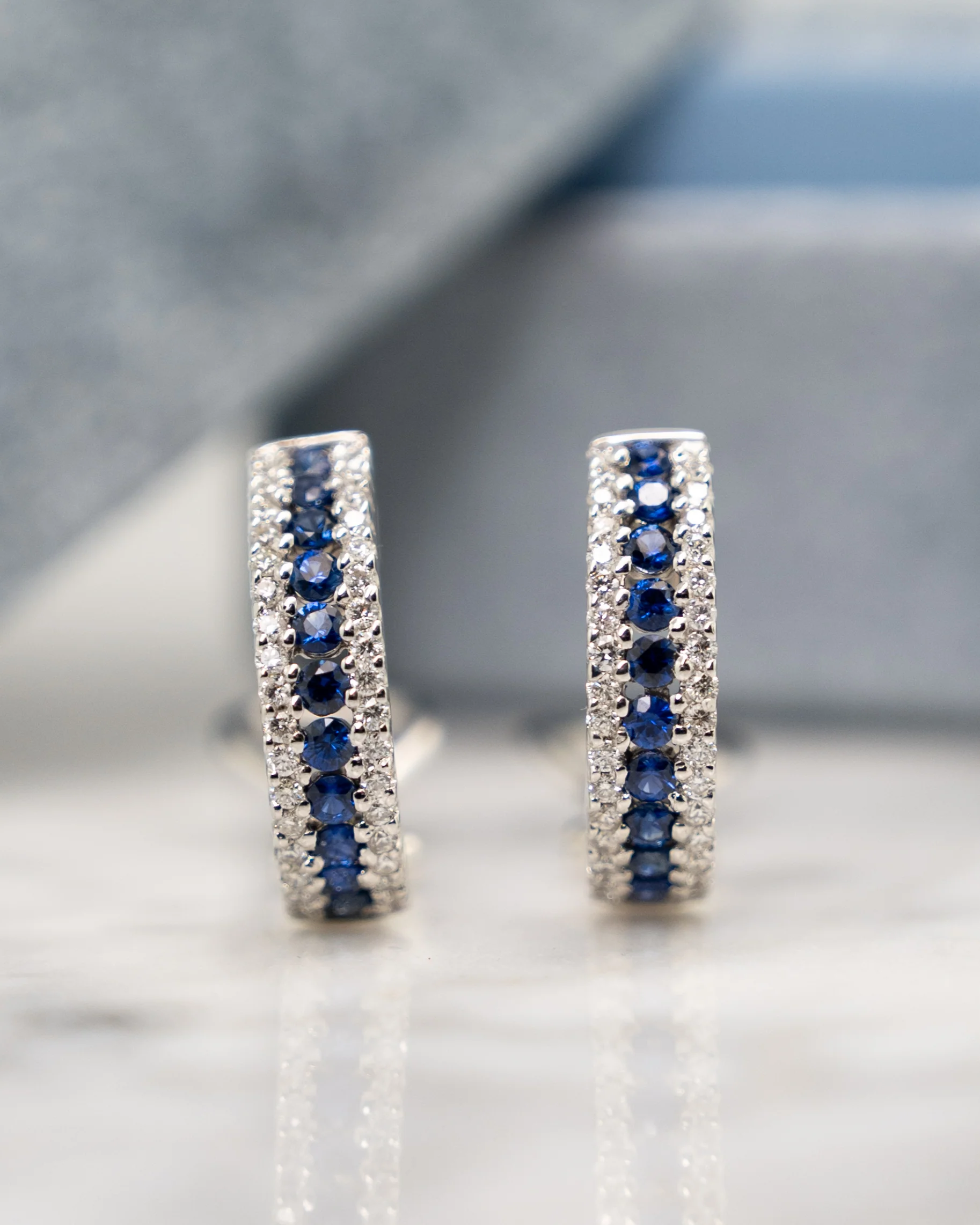 Sapphire & Diamond J Hoop Earrings in 18k White Gold - Image 5