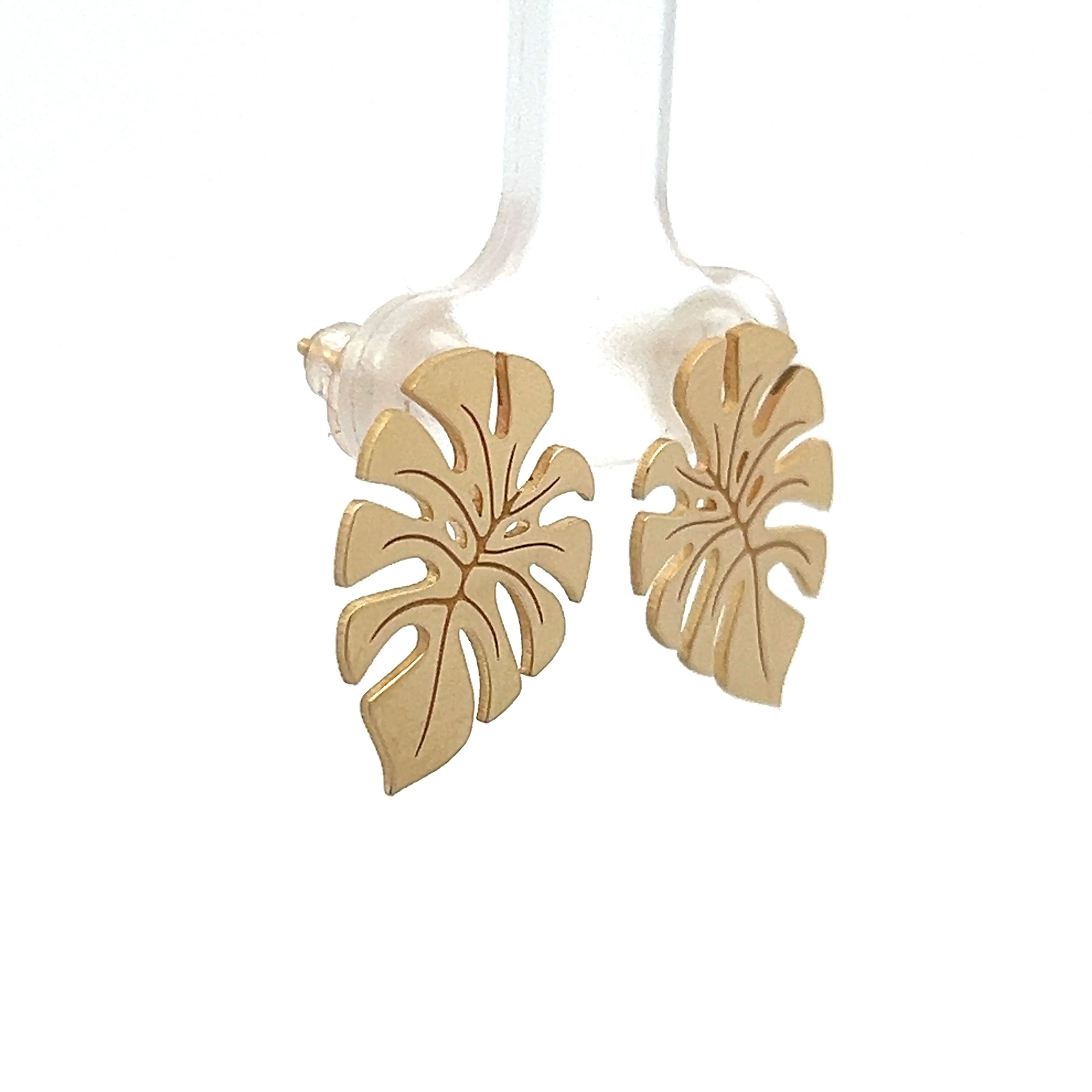 Monstera Leaf Earring Studs in 14k Yellow Gold - Image 3