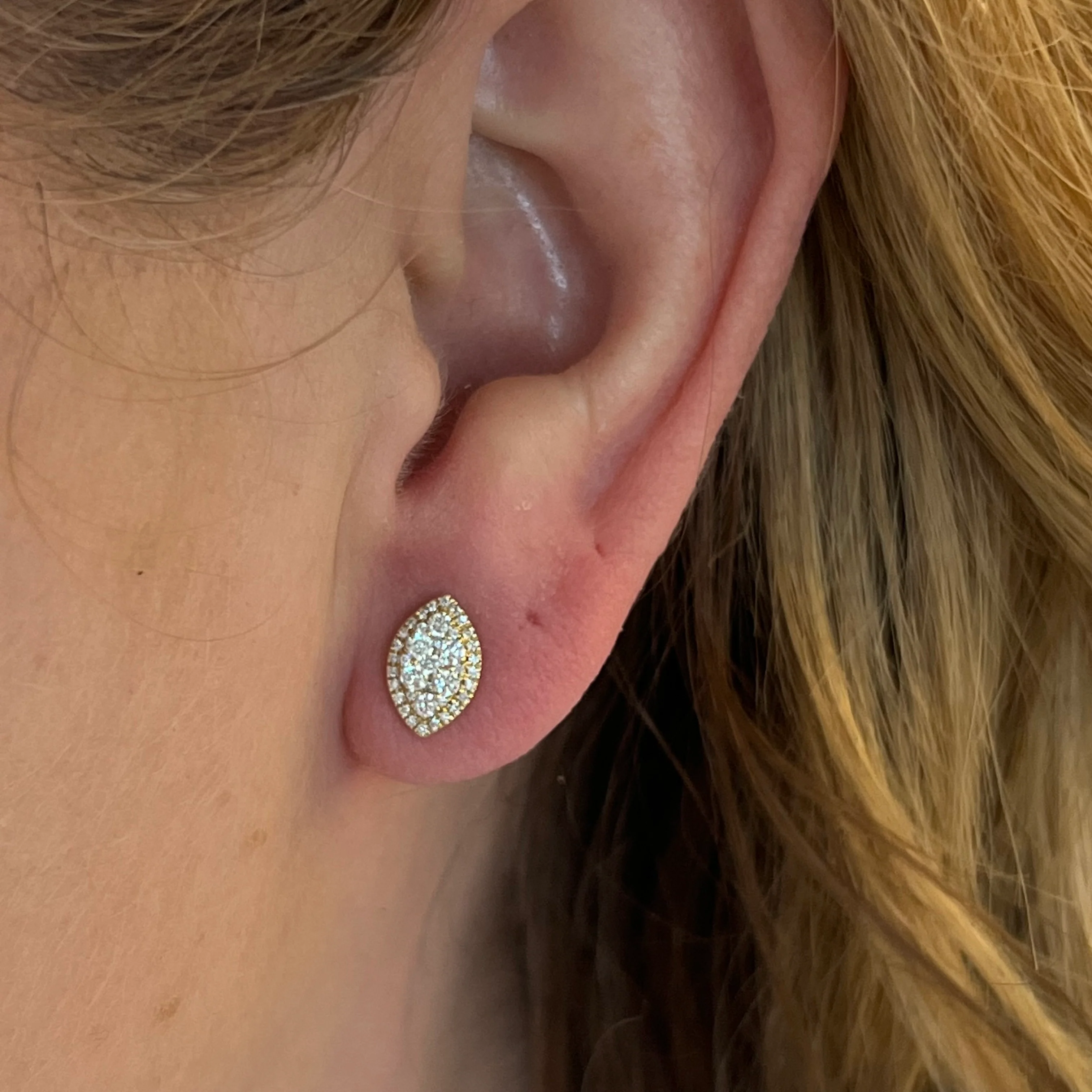 Simple Marquise Shaped Earrings w/ Diamonds 14K Yellow Gold - Image 4