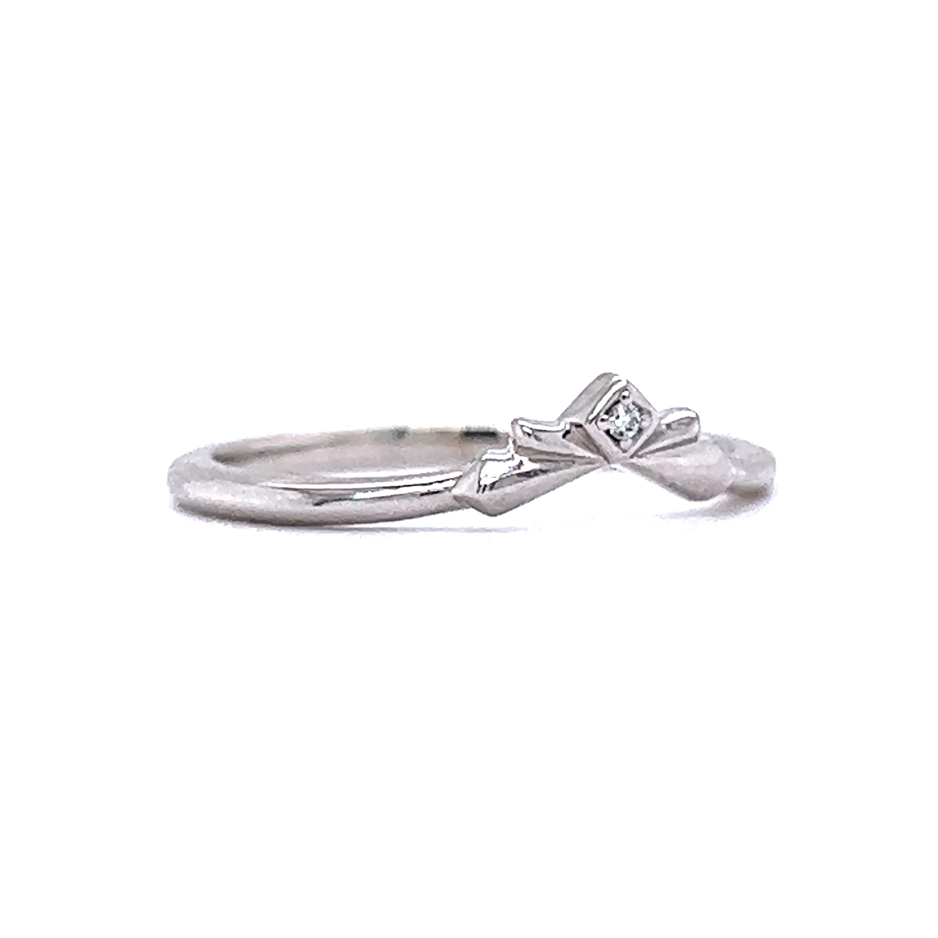 Single Diamond Curved Wedding Band in 14k White Gold - Image 3