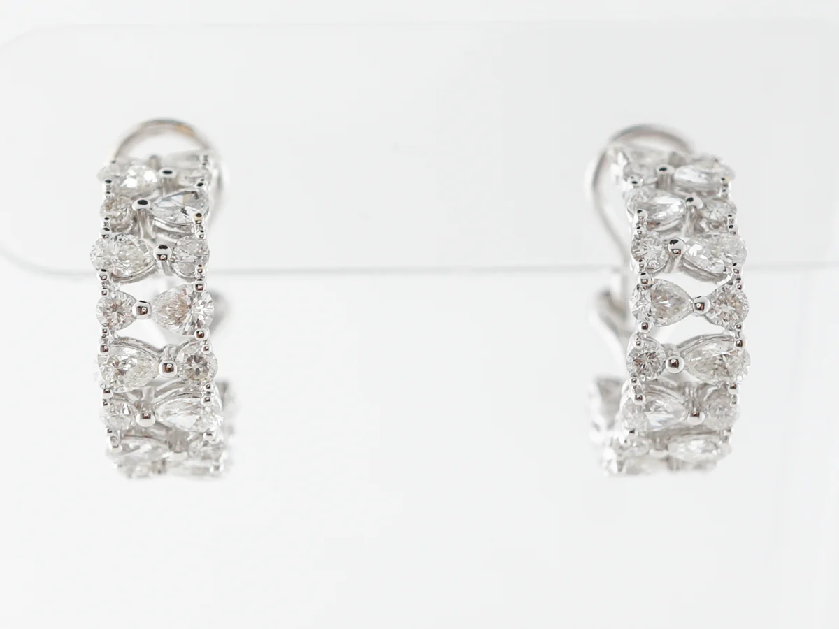 Small Diamond Hoop Earrings w/ Pear & Round Cuts in White Gold
