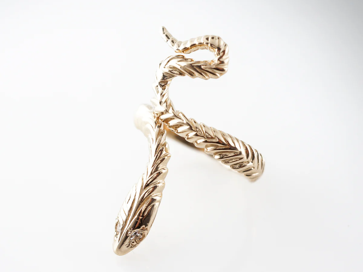 Snake Ring w/ Diamond Eyes in 14k Yellow Gold - Image 2