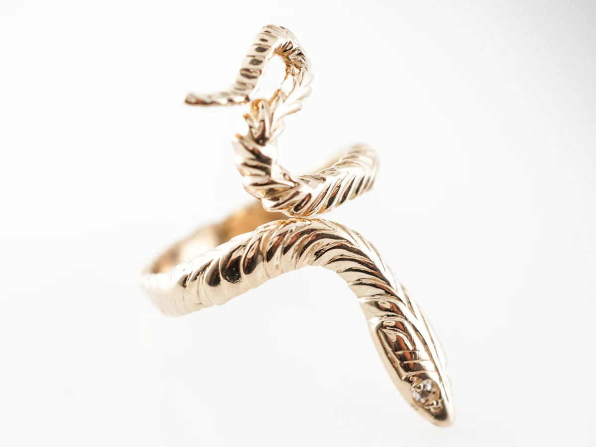 Snake Ring w/ Diamond Eyes in 14k Yellow Gold - Image 3