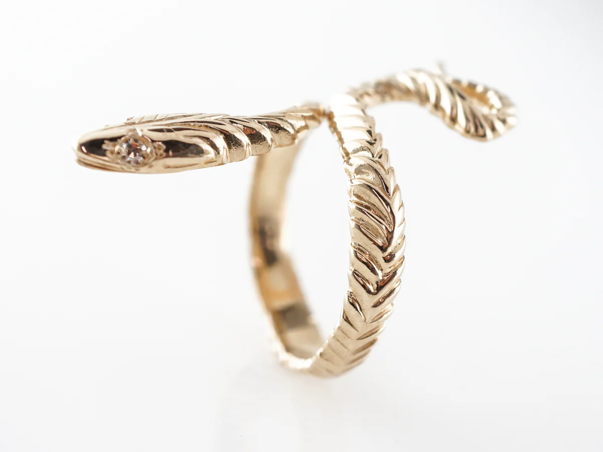 Snake Ring w/ Diamond Eyes in 14k Yellow Gold - Image 4