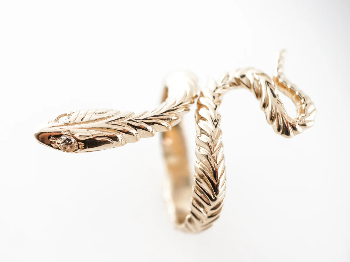 Snake Ring w/ Diamond Eyes in 14k Yellow Gold - Image 5