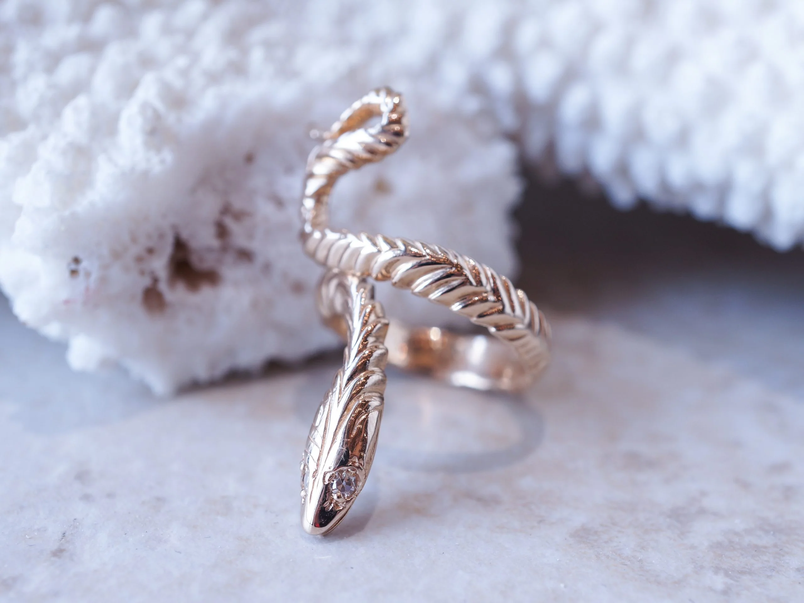 Snake Ring w/ Diamond Eyes in 14k Yellow Gold - Image 6