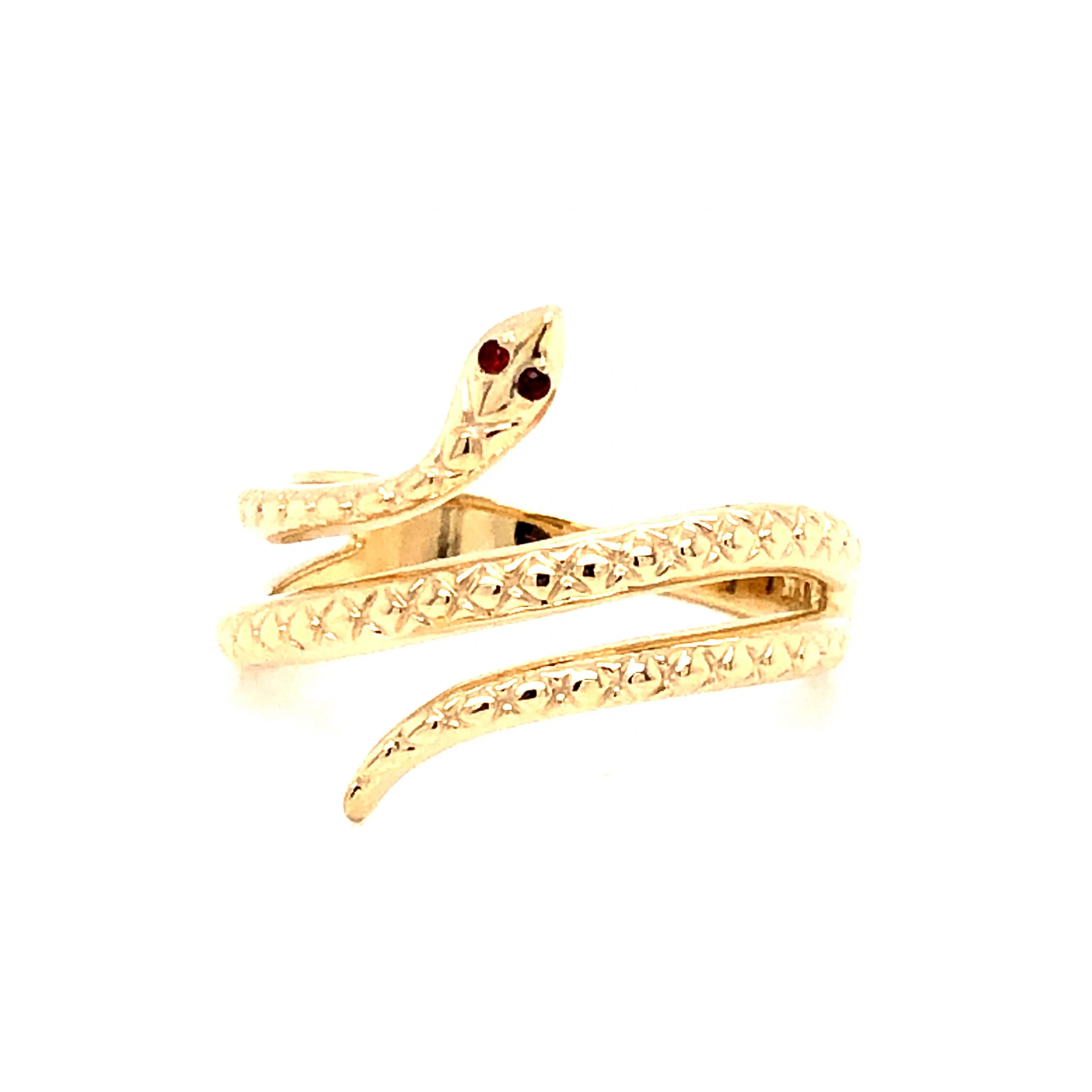 Snake Ring w/ Garnet Eyes in 14k Yellow Gold - Image 2