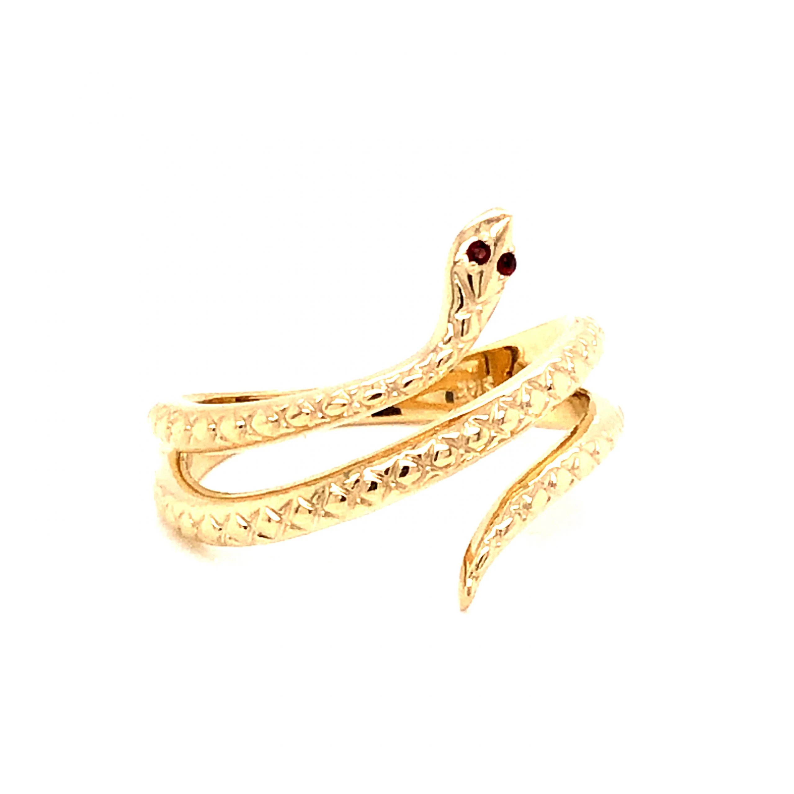 Snake Ring w/ Garnet Eyes in 14k Yellow Gold - Image 3