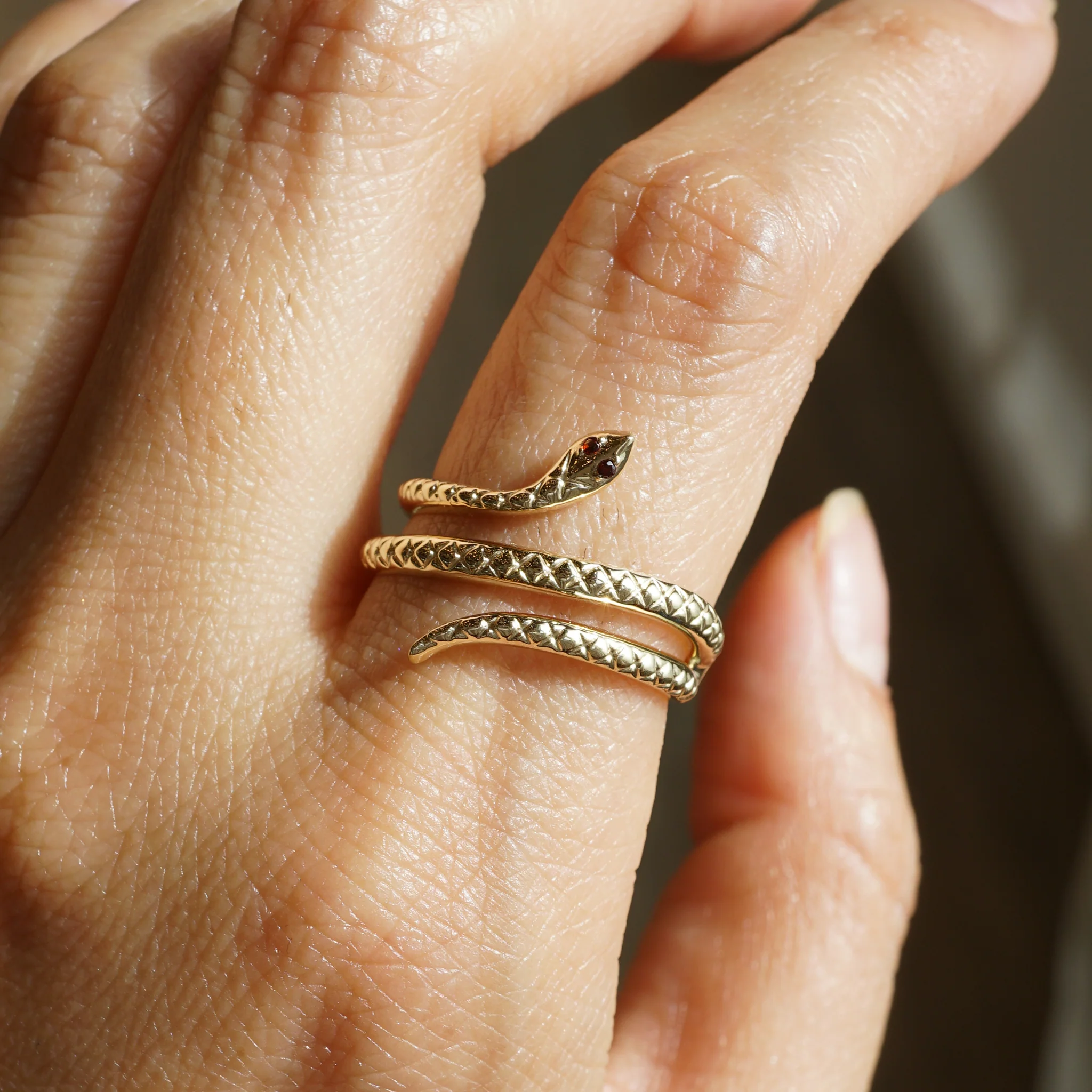 Snake Ring w/ Garnet Eyes in 14k Yellow Gold - Image 4