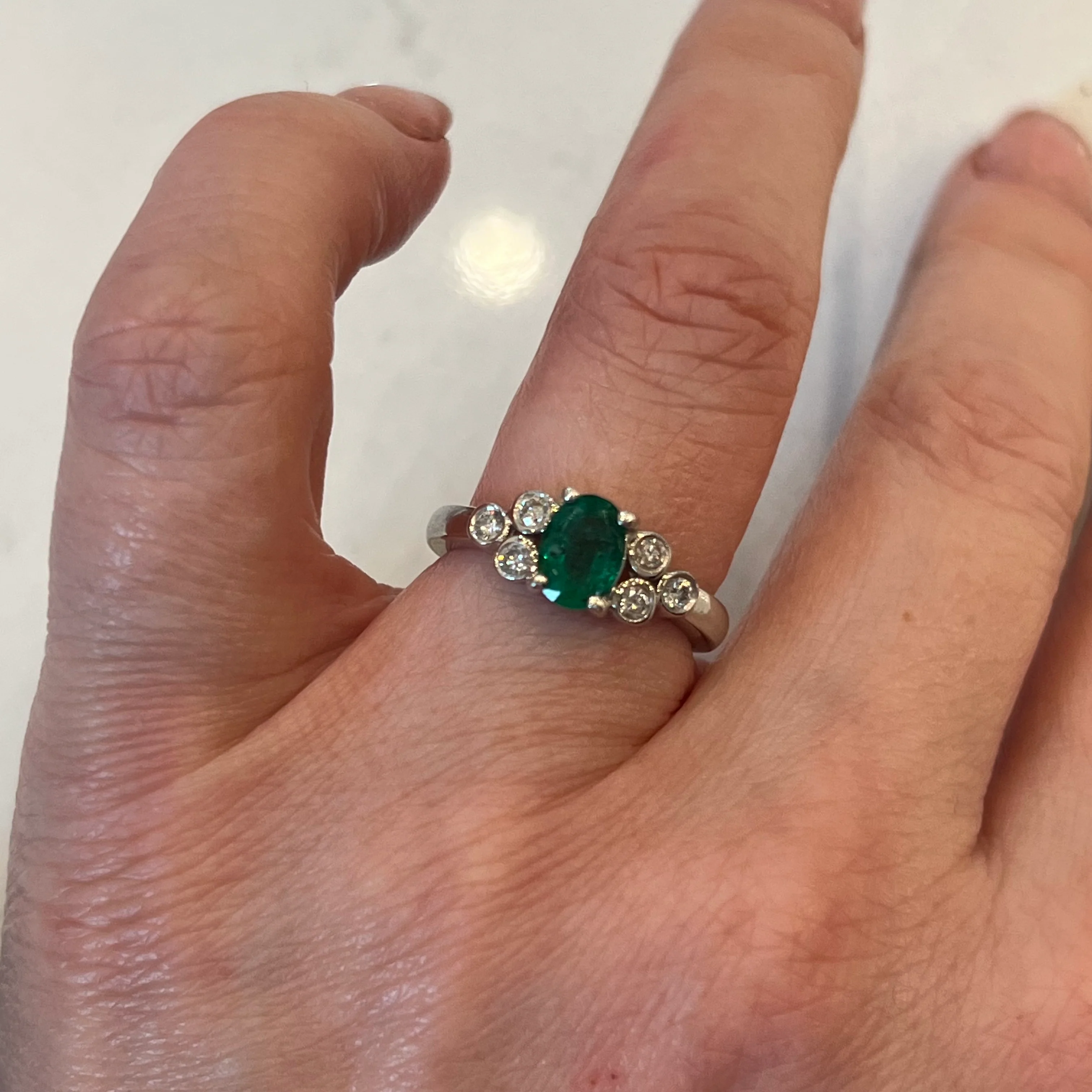 Solitaire Emerald Ring w/ Diamond Accents in Platinum - Image 6