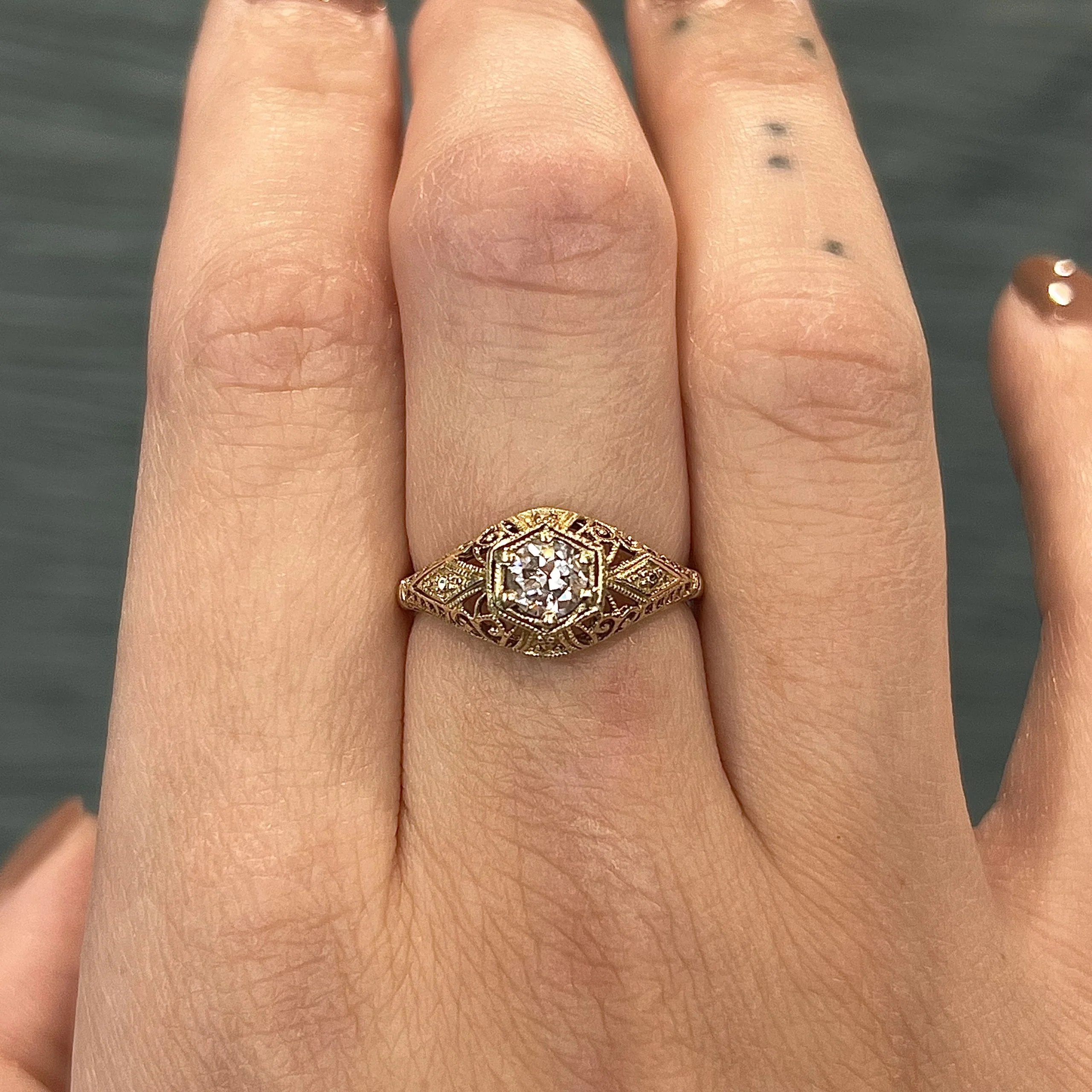 Solitaire Filigree Art Deco Engagement Ring in 14k Yellow Gold - Image 6