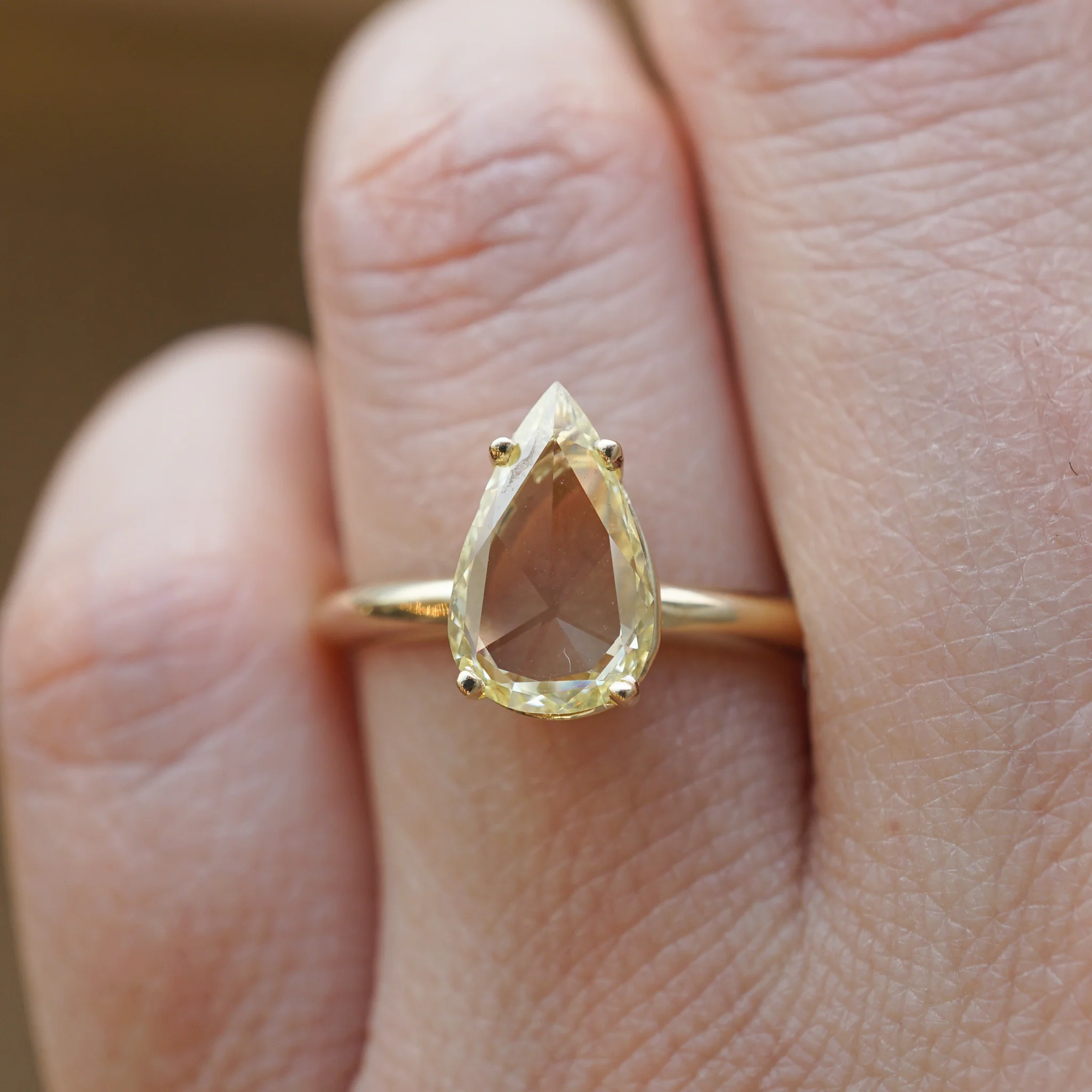 Solitaire Pear Rose Cut Yellow Diamond Engagement Ring in 14k - Image 5