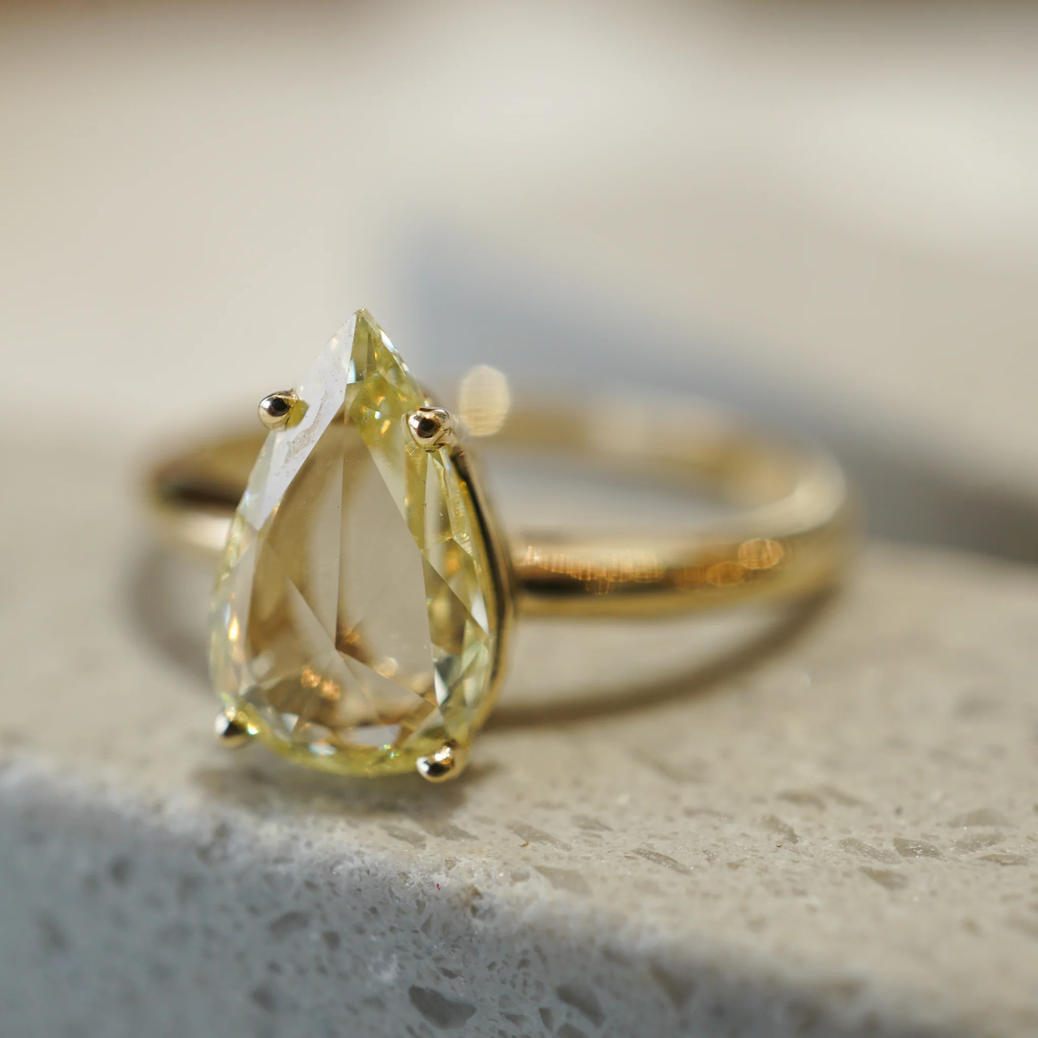 Solitaire Pear Rose Cut Yellow Diamond Engagement Ring in 14k - Image 6