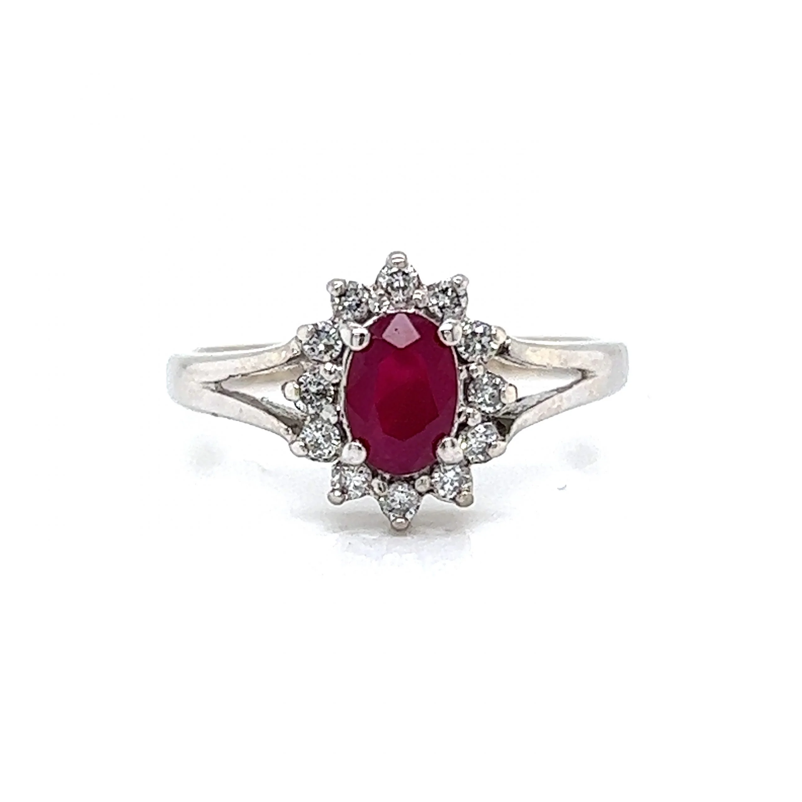 Split Shank Ruby & Diamond Halo Engagement Ring in 14k Gold