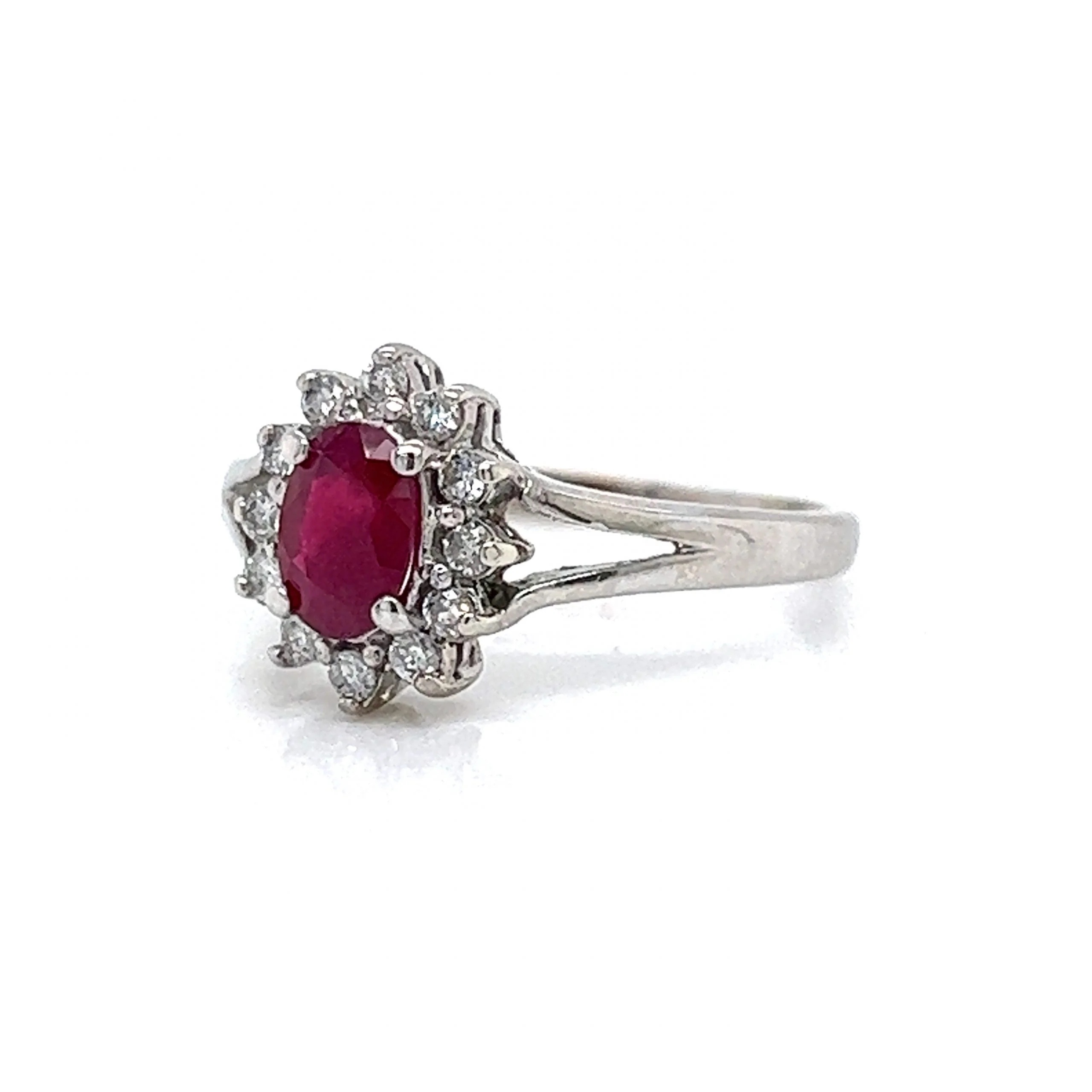 Split Shank Ruby & Diamond Halo Engagement Ring in 14k Gold - Image 2