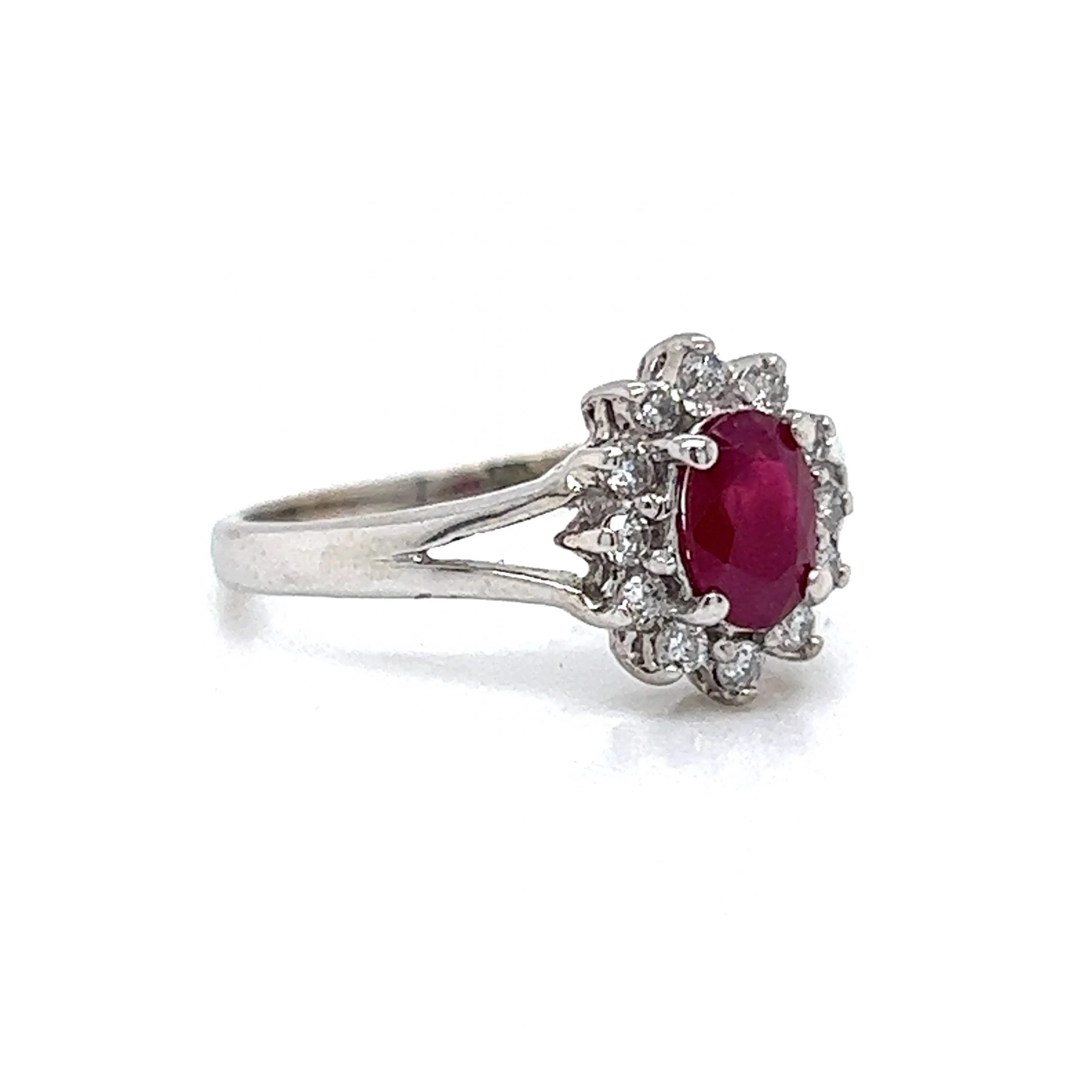 Split Shank Ruby & Diamond Halo Engagement Ring in 14k Gold - Image 3