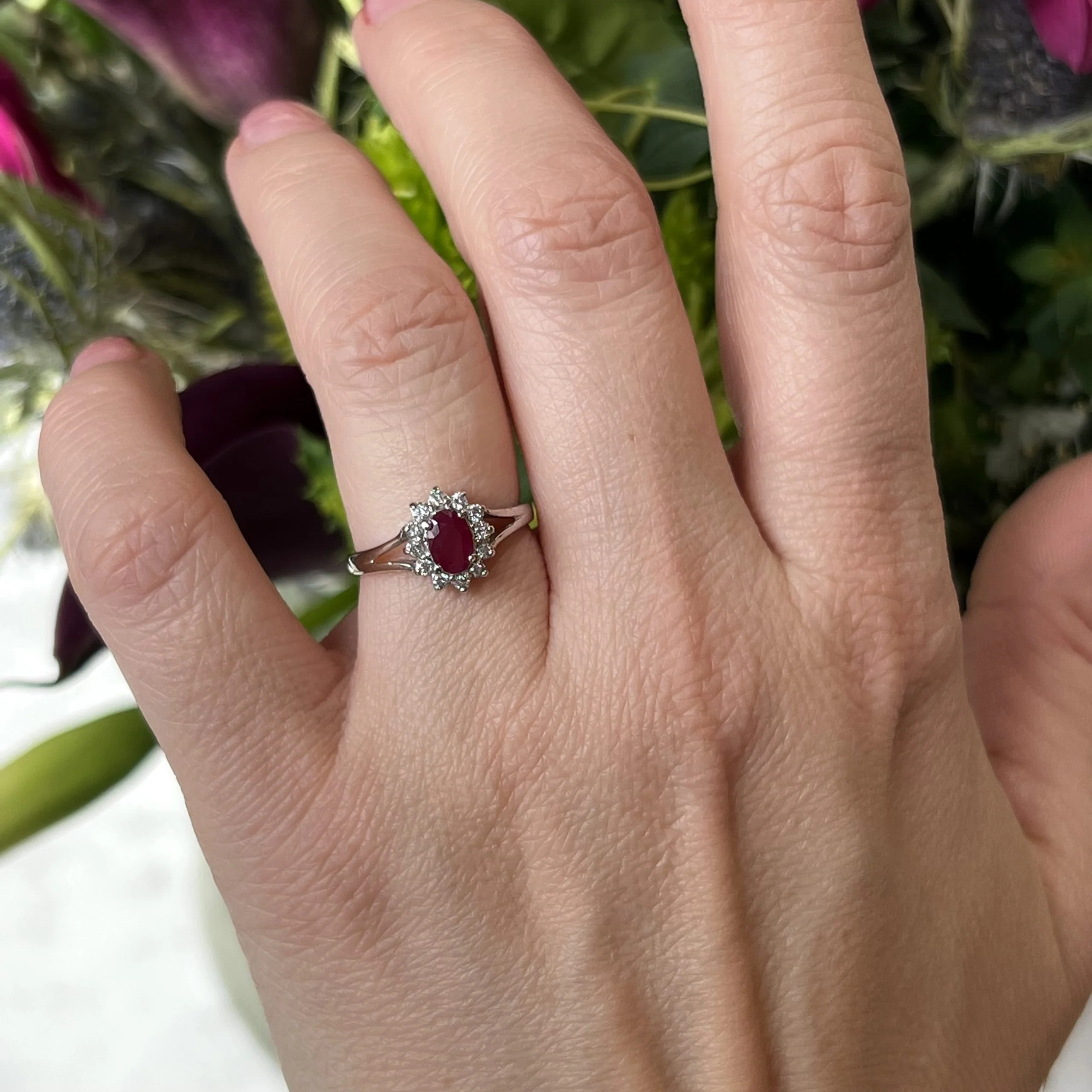 Split Shank Ruby & Diamond Halo Engagement Ring in 14k Gold - Image 6