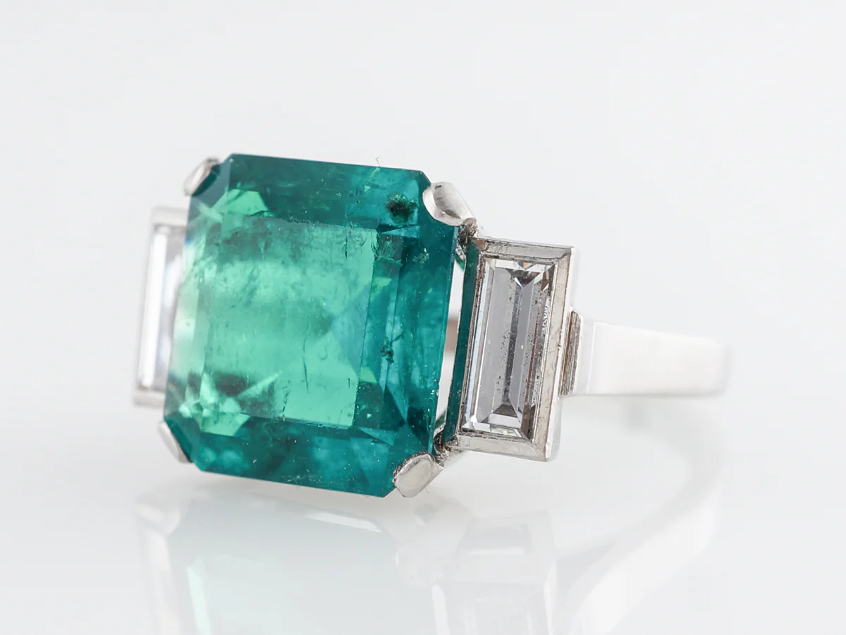 Square Cut Colombian Emerald w/ Diamond Cocktail Ring in Platinum - Image 2