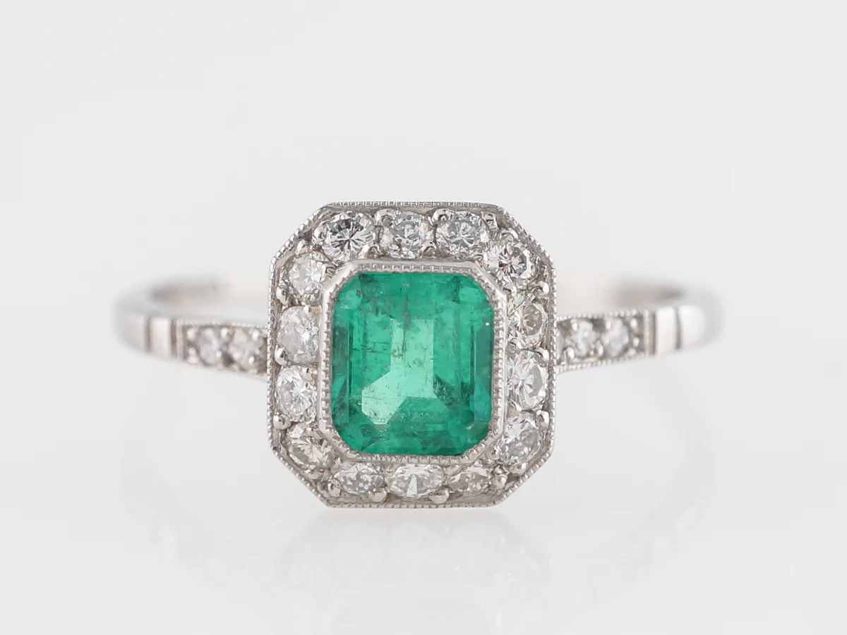 Square Cut Emerald & Diamond Right Hand Ring in Platinum