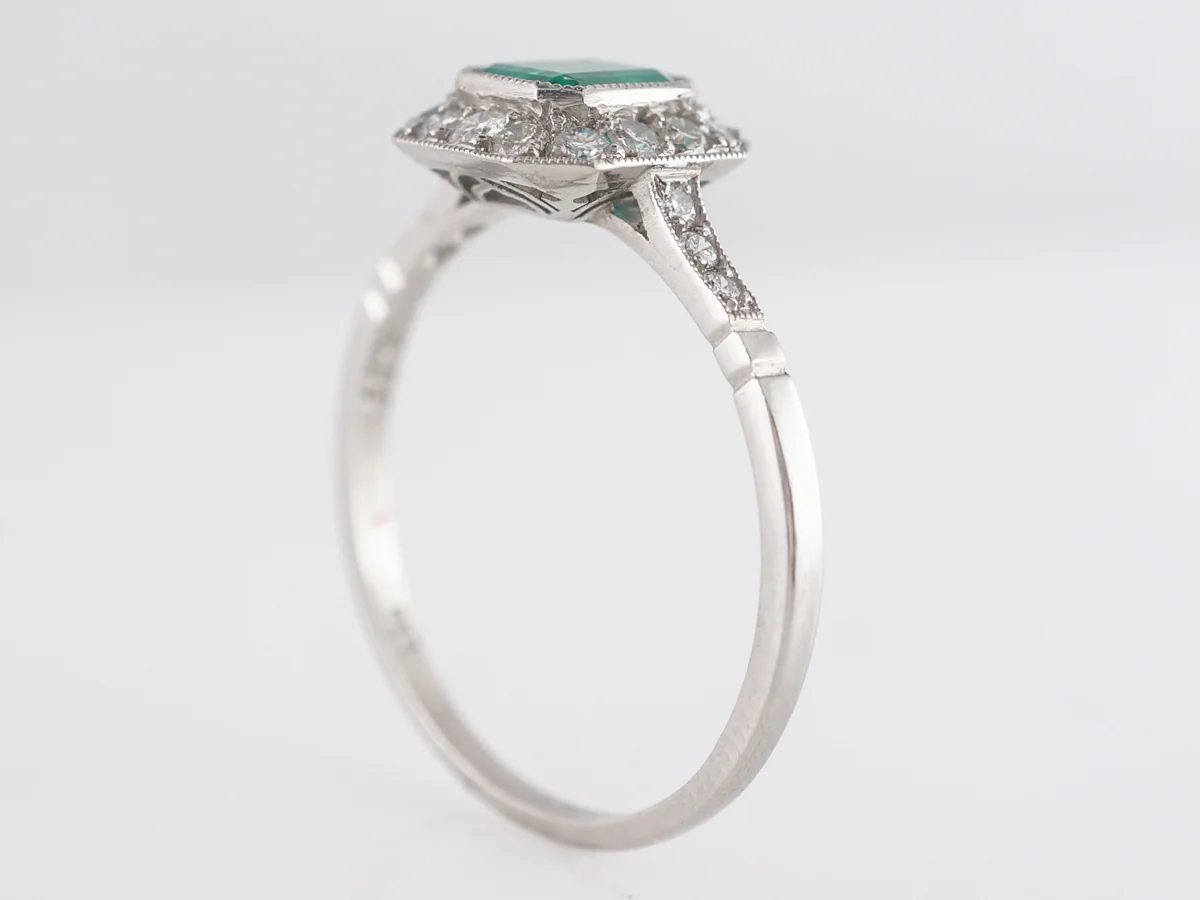 Square Cut Emerald & Diamond Right Hand Ring in Platinum - Image 5