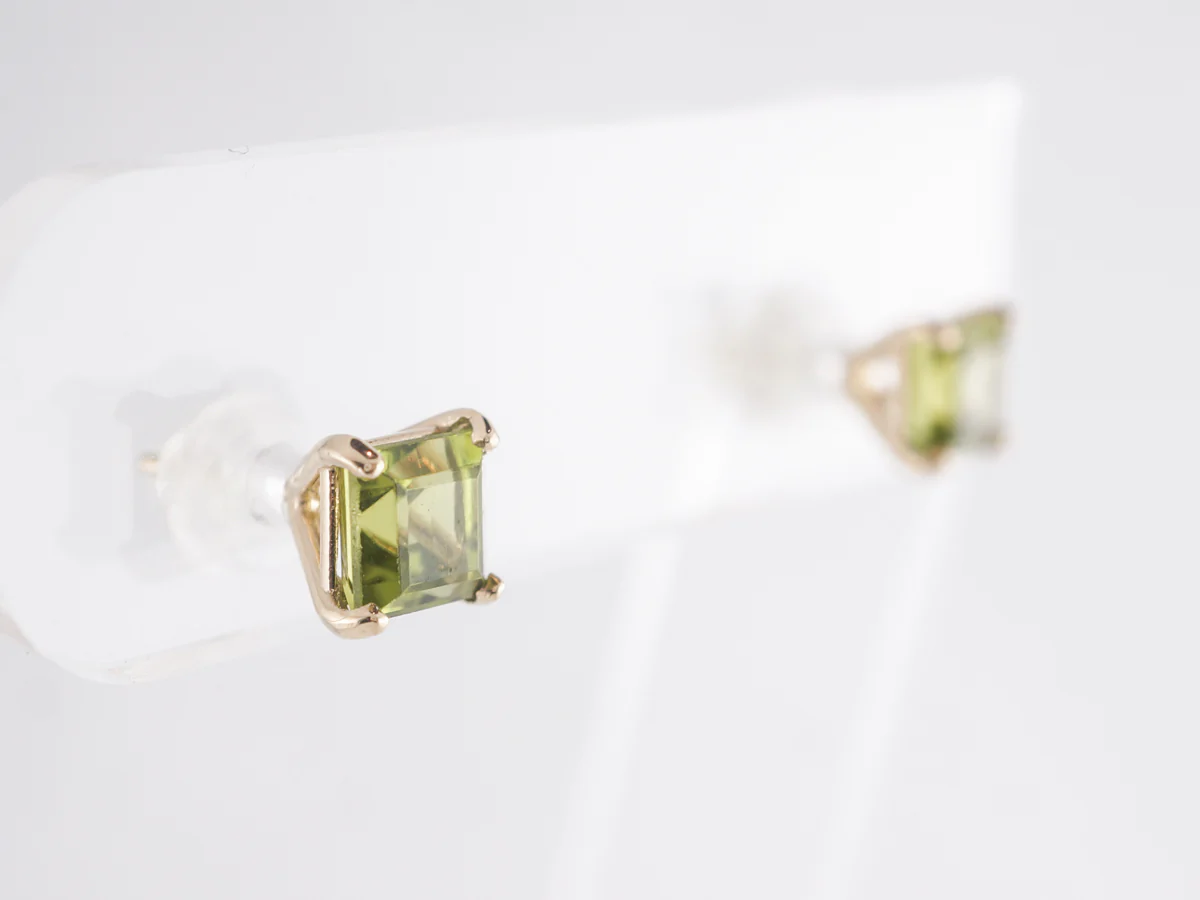 Square Cut Peridot Stud Earrings in 14k Yellow Gold - Image 3