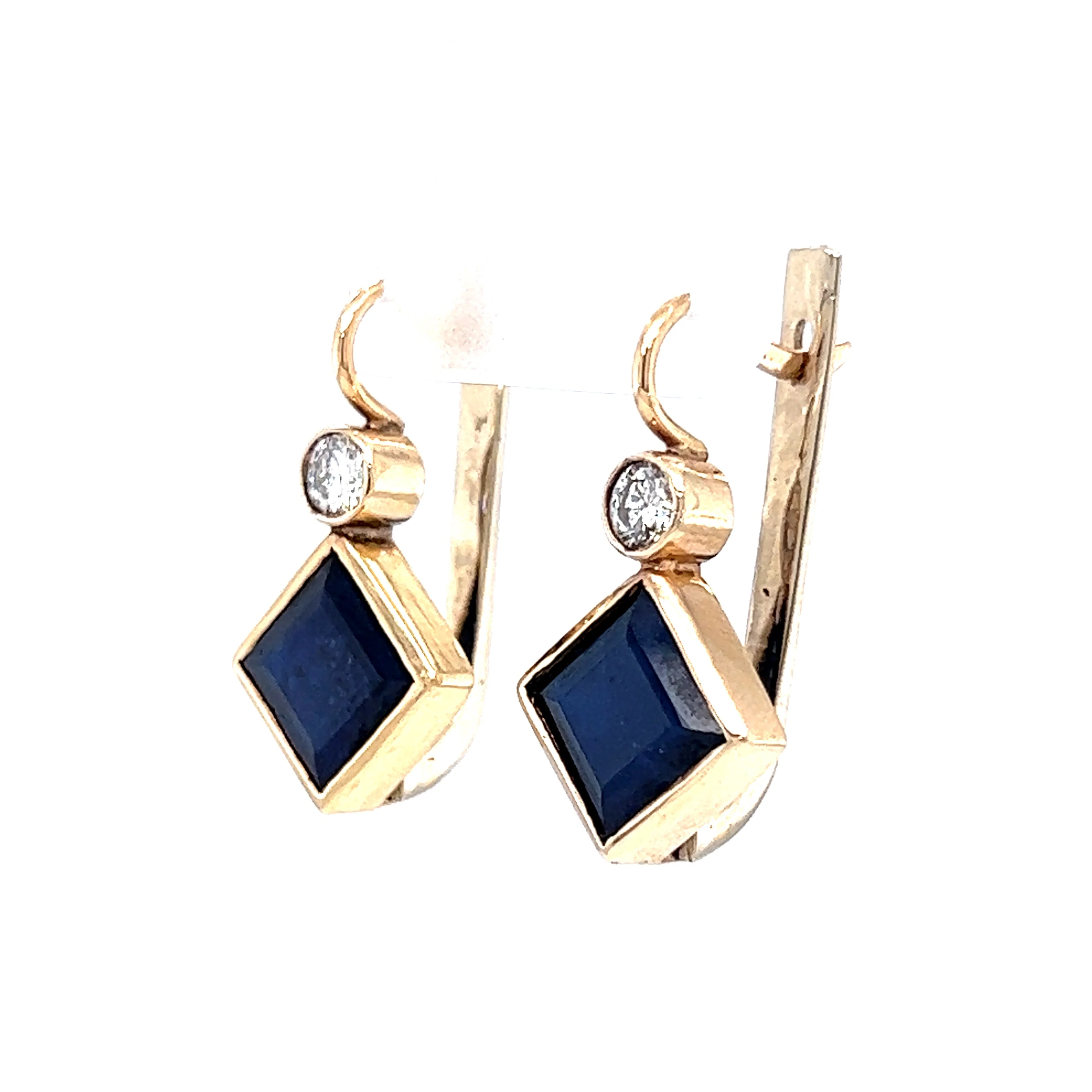 Square Cut Sapphire & Diamond Earrings in 14k Yellow Gold - Image 2