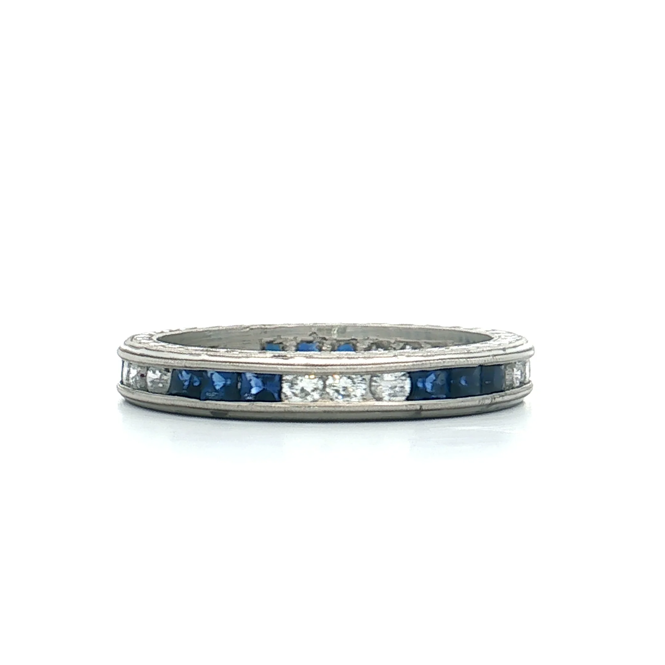 Square Cut Sapphire & RBC Diamond Wedding Band Platinum - Image 2