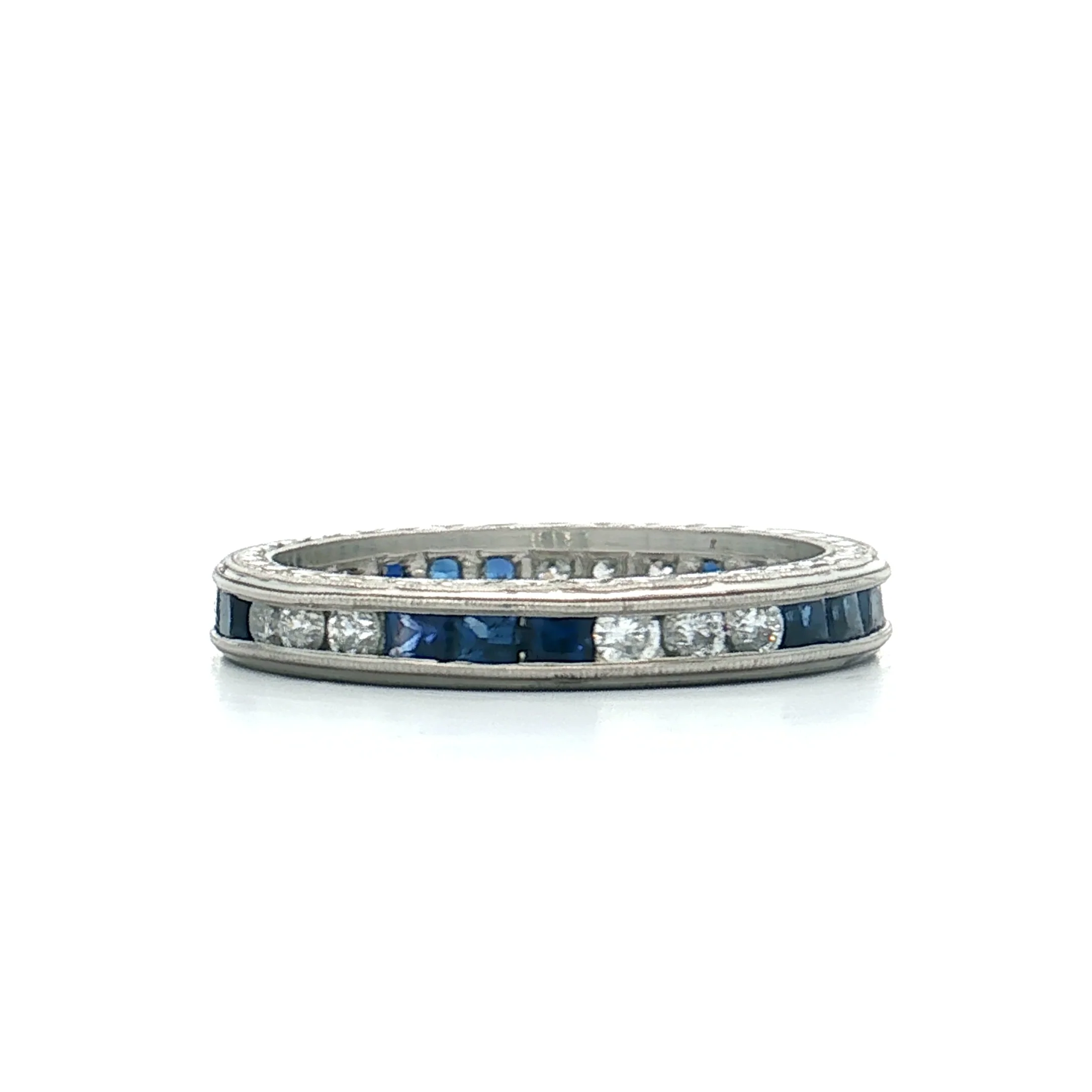 Square Cut Sapphire & RBC Diamond Wedding Band Platinum - Image 3