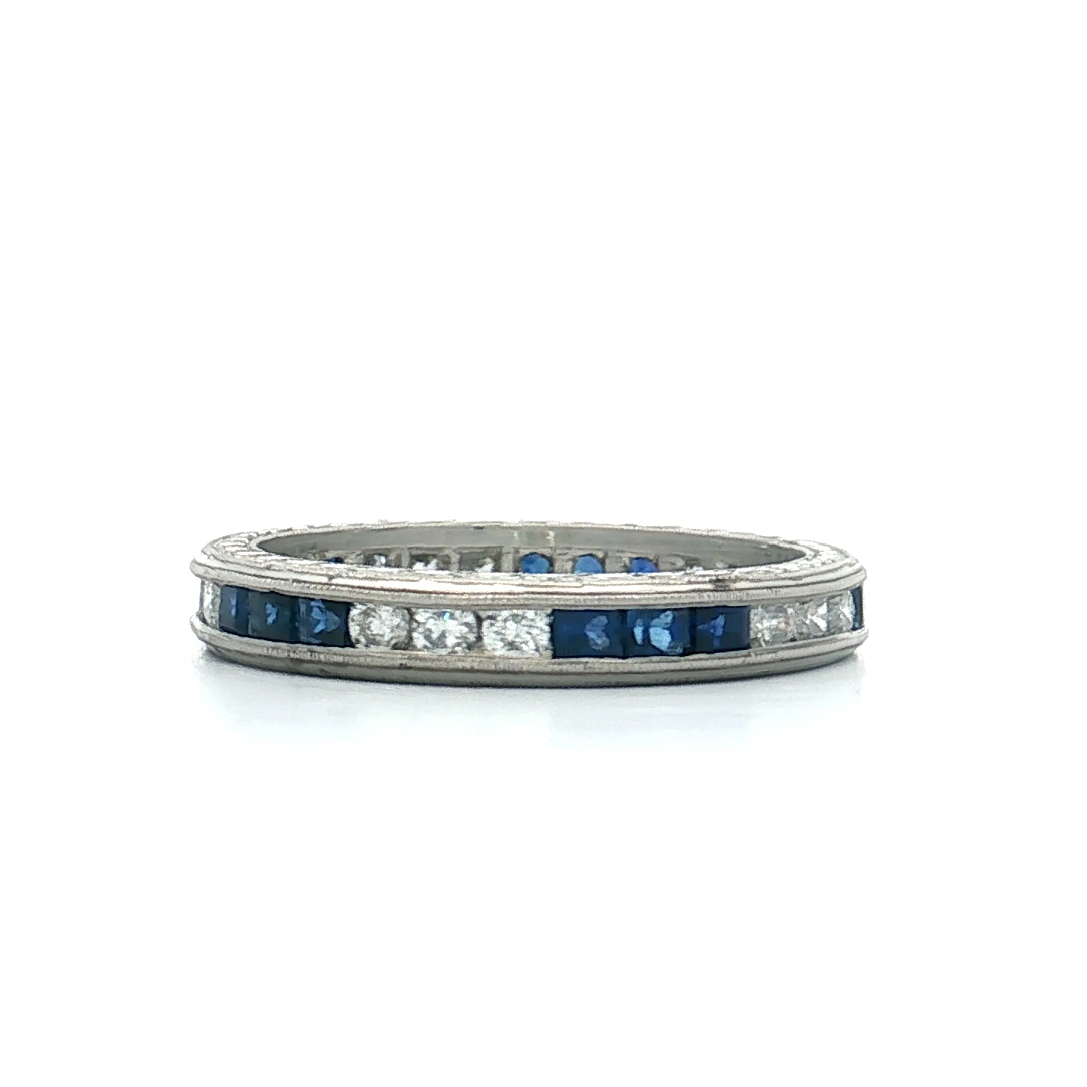 Square Cut Sapphire & RBC Diamond Wedding Band Platinum - Image 4
