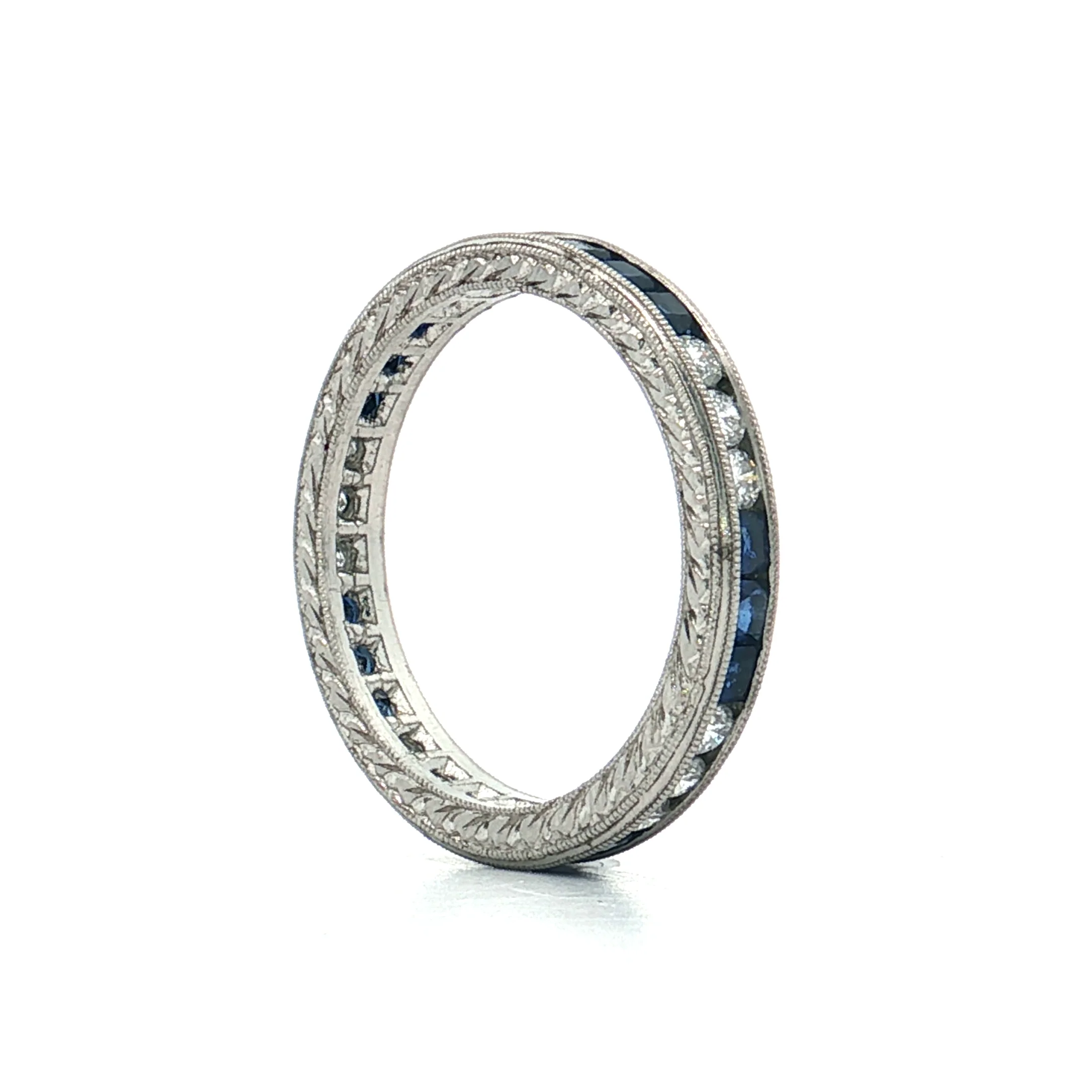 Square Cut Sapphire & RBC Diamond Wedding Band Platinum - Image 6