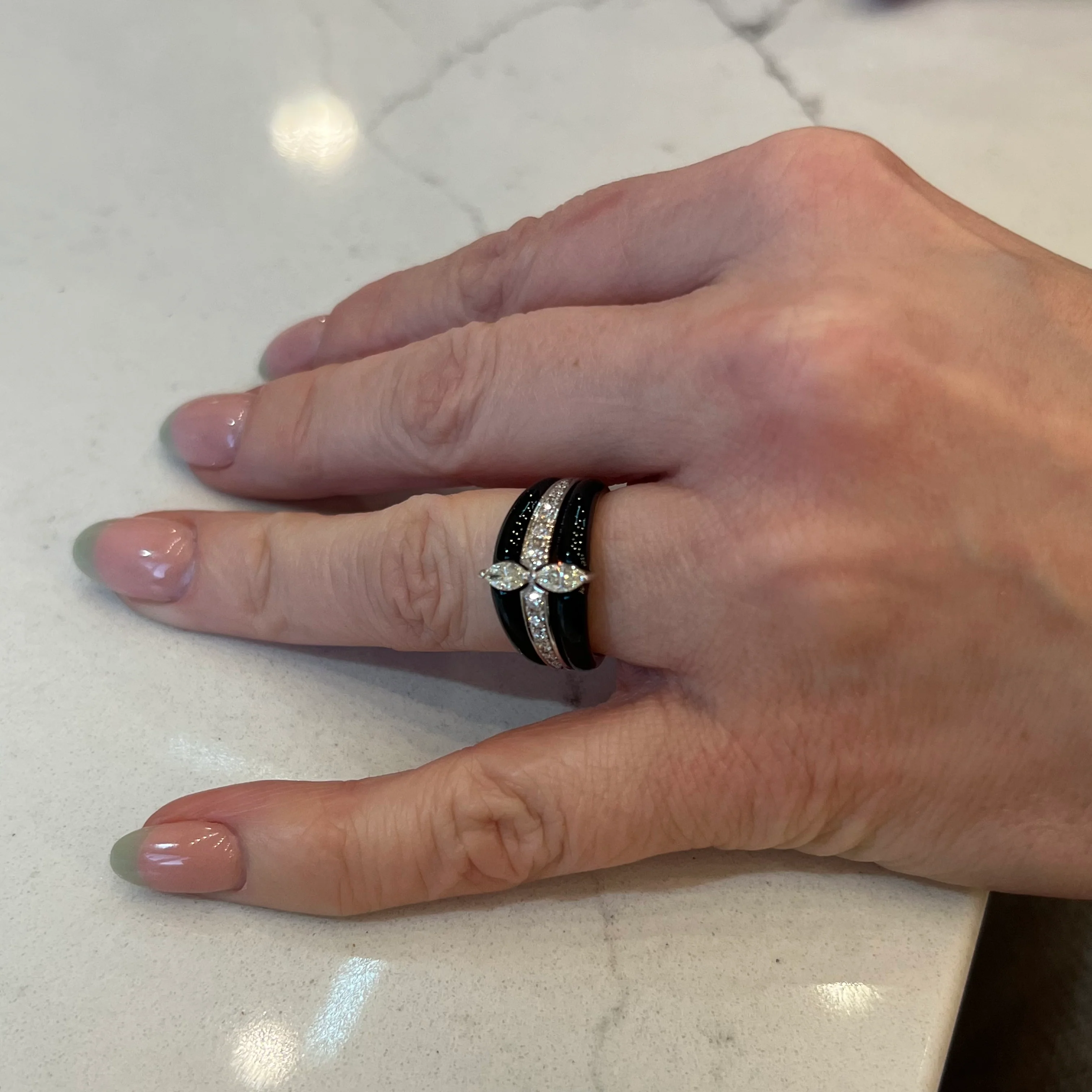 Stacked Black Onyx & Diamond Cocktail Ring in 18k White Gold - Image 6