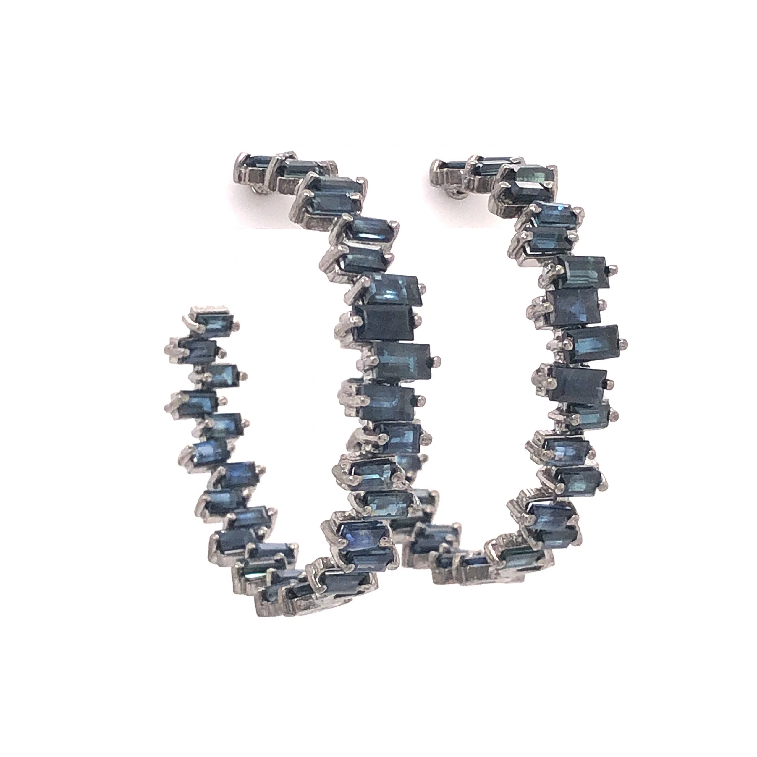 Staggered Sapphire Hoop Earrings in Sterling Silver - Image 3