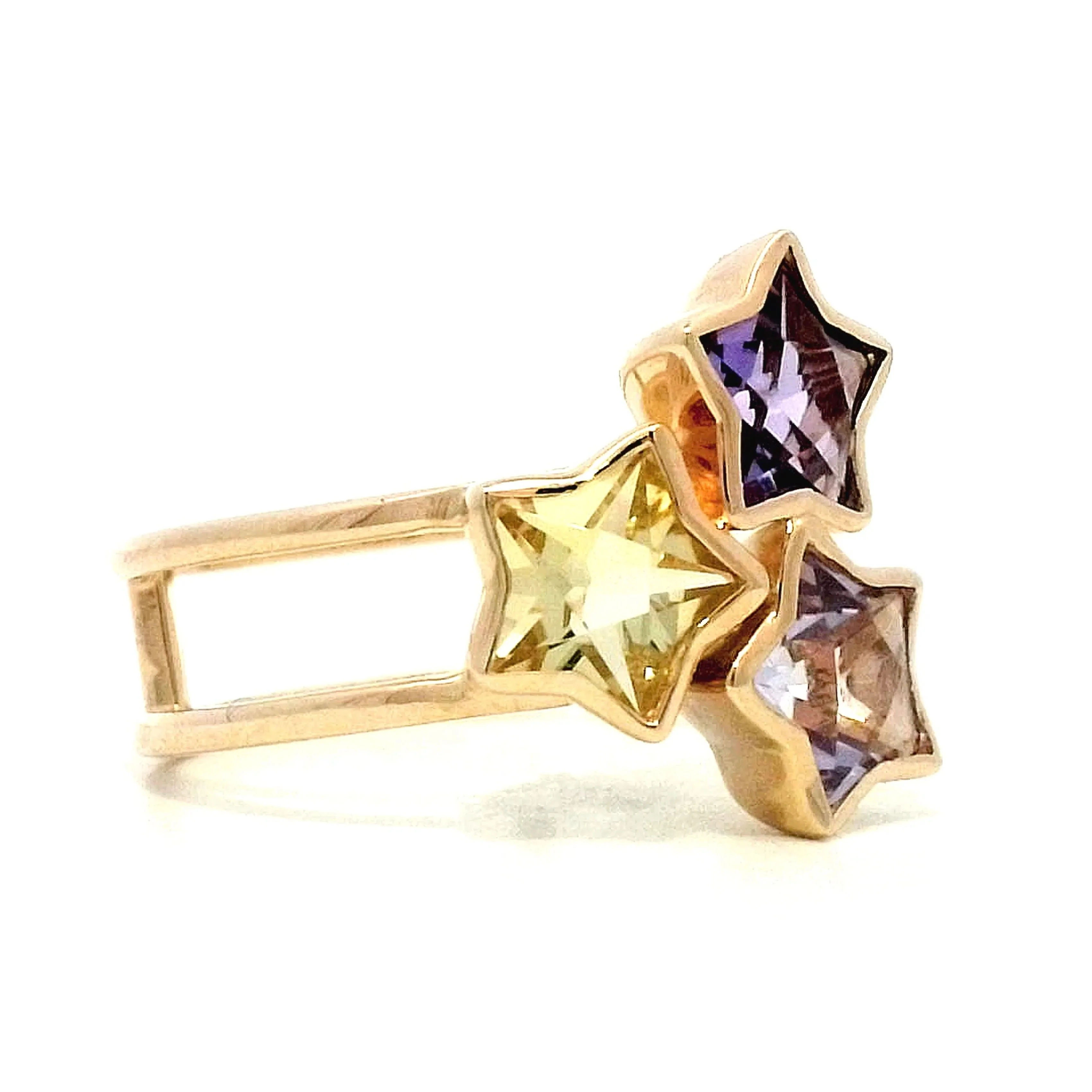 Star Amethyst & Lemon Quartz Cocktail Ring in 14k Yellow Gold - Image 3
