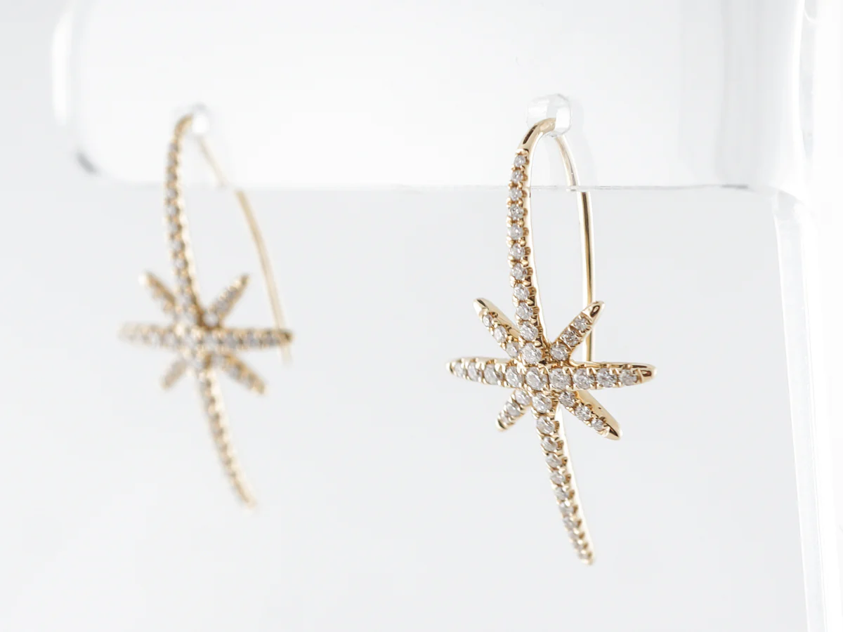 Star Burst Drop Earrings in Yellow Gold w/ Diamonds - Image 2