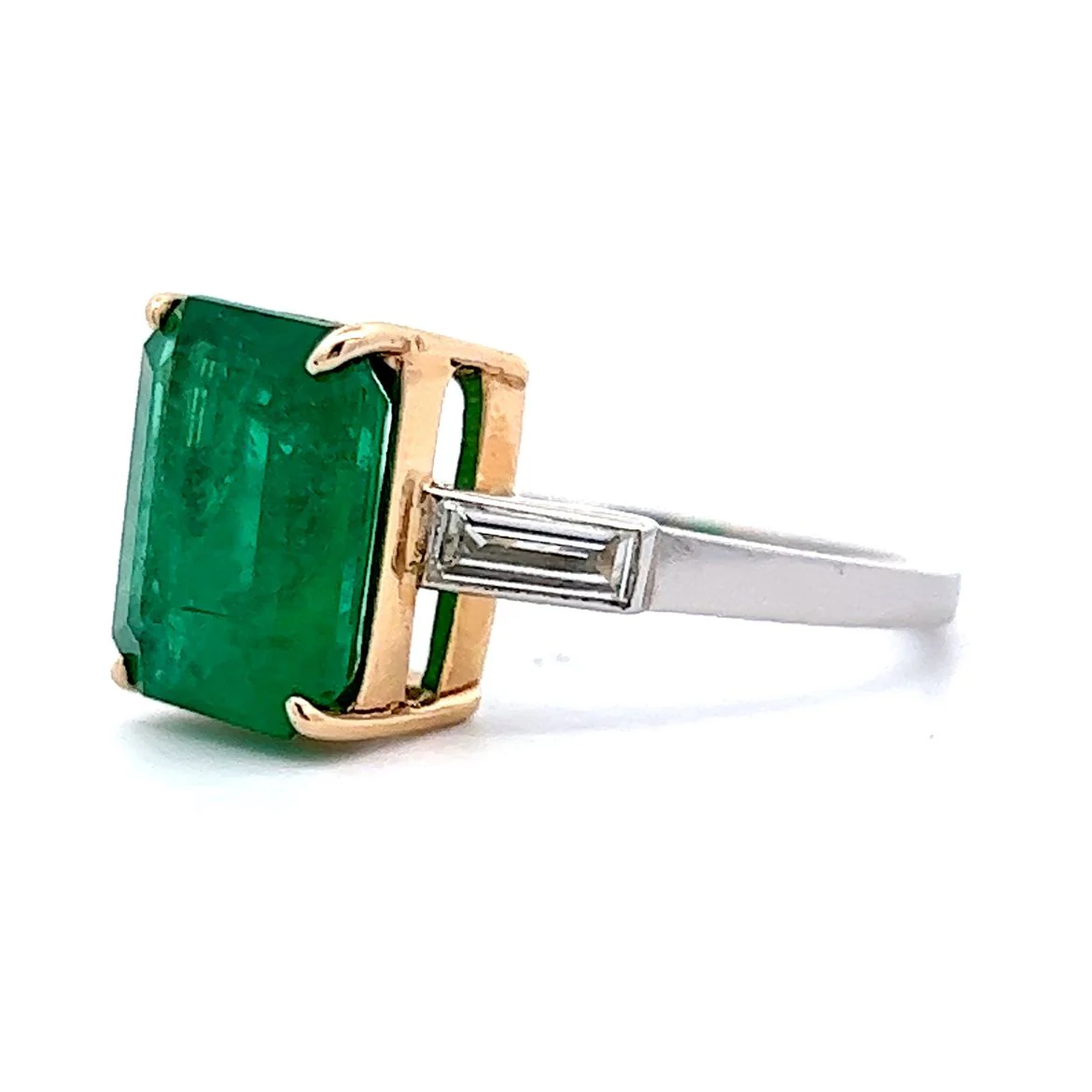 Step Cut Emerald & Diamond Ring in Platinum & 14k Yellow Gold - Image 2