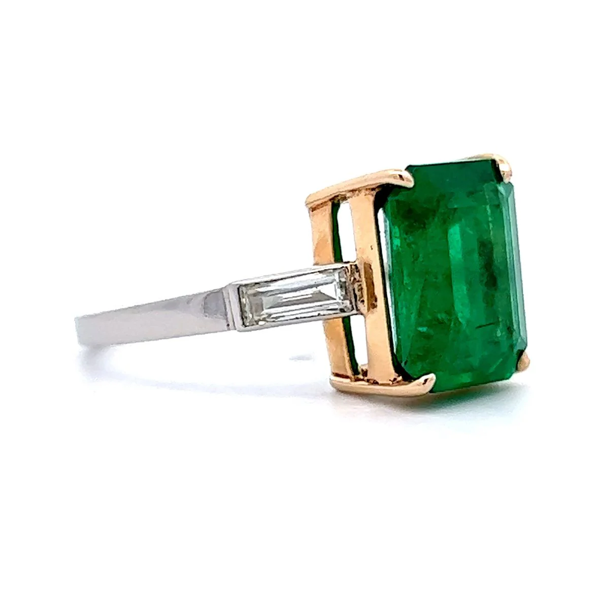 Step Cut Emerald & Diamond Ring in Platinum & 14k Yellow Gold - Image 3